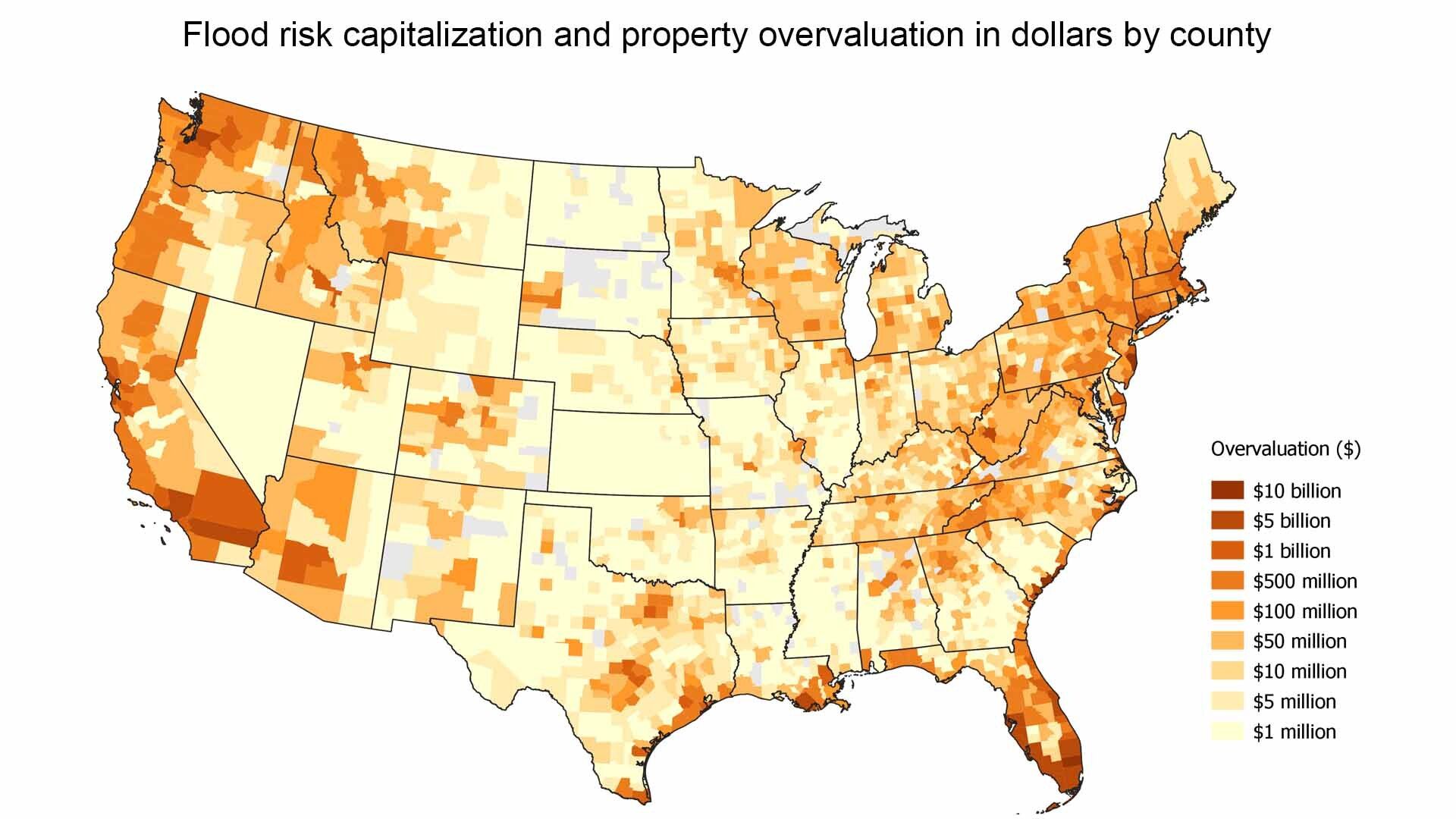 Flood risk capitalization and property overvaluation in dollars by county.