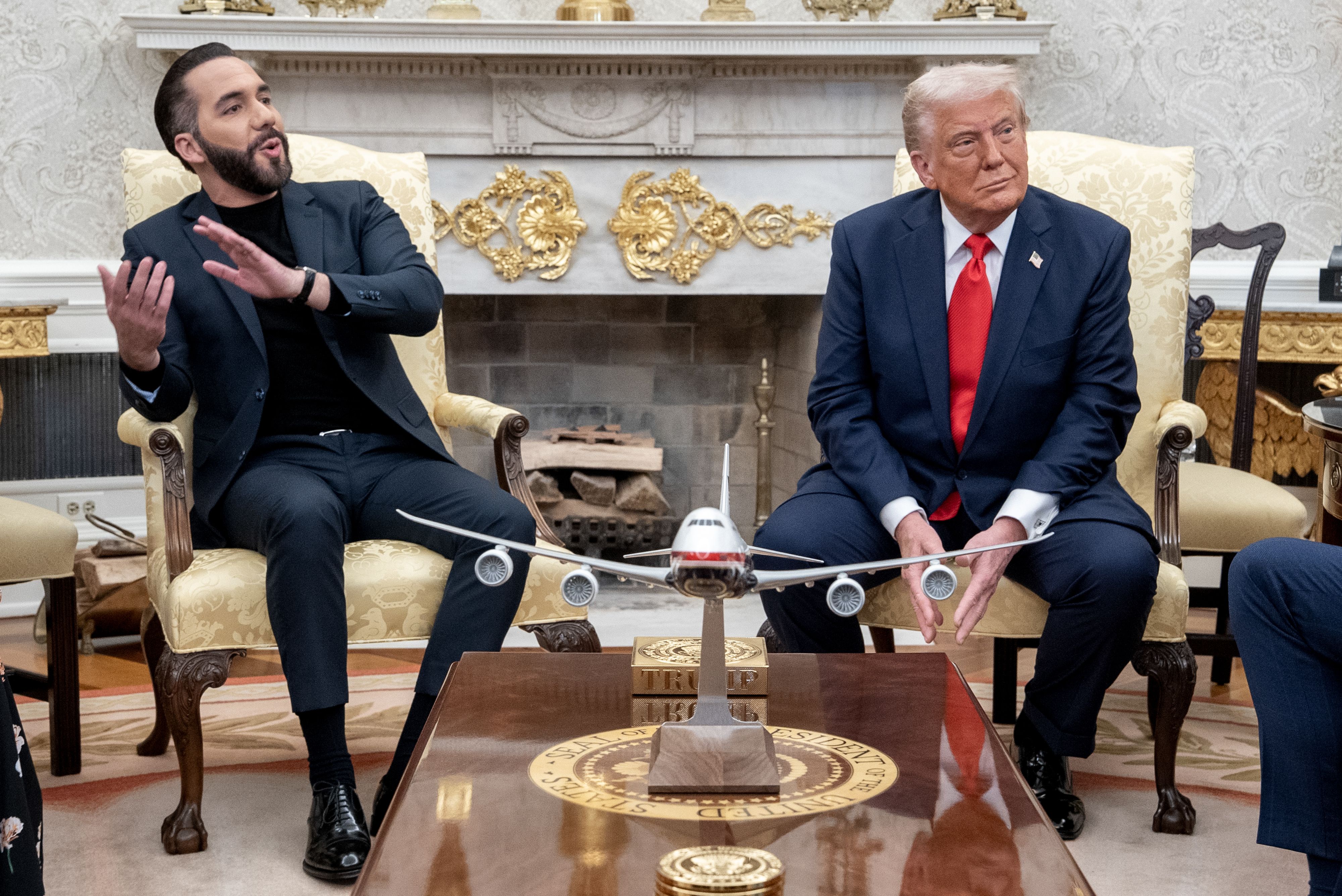 US President Donald Trump, right, and Nayib Bukele, El Salvador's president, during a meeting in the Oval Office of the White House in Washington, DC, US, on Monday, April 14, 2025. Bukele said a Maryland man deported to his country by Trump's administration would not be returned to the US, even as