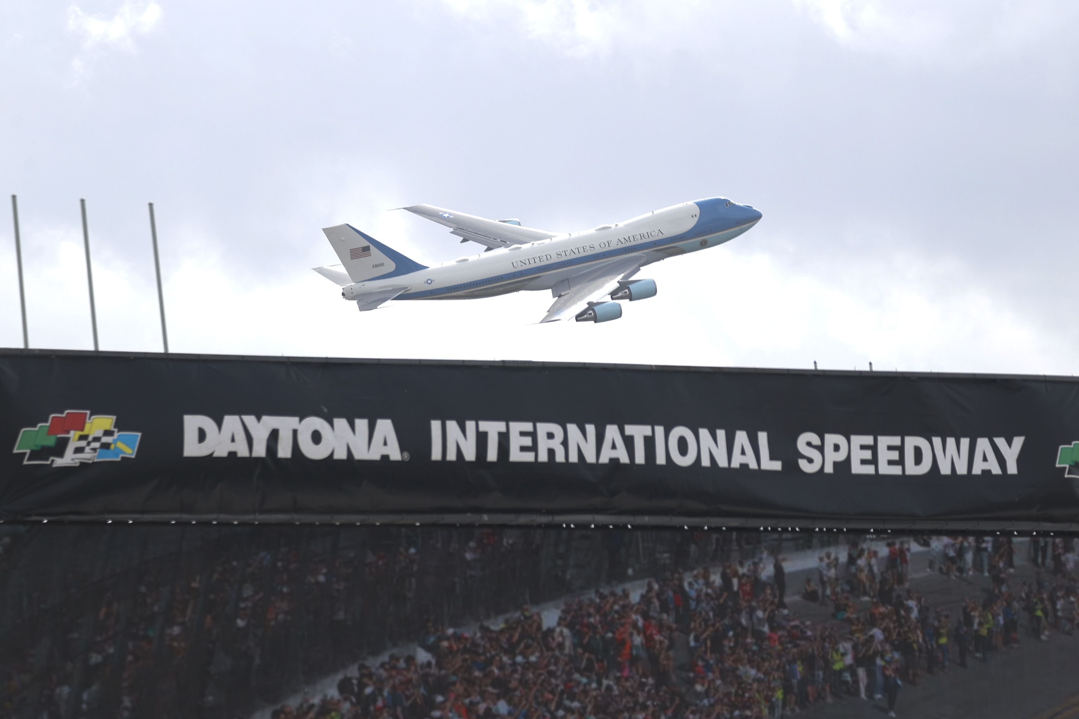 Air Force One flies over the Daytona International Speedway prior to the running of the NASCAR Cup Series Daytona 500 on February 16, 2025 at Daytona International Speedway in Daytona Beach, FL. (Photo by Jeff Robinson/Icon Sportswire via Getty Images)
