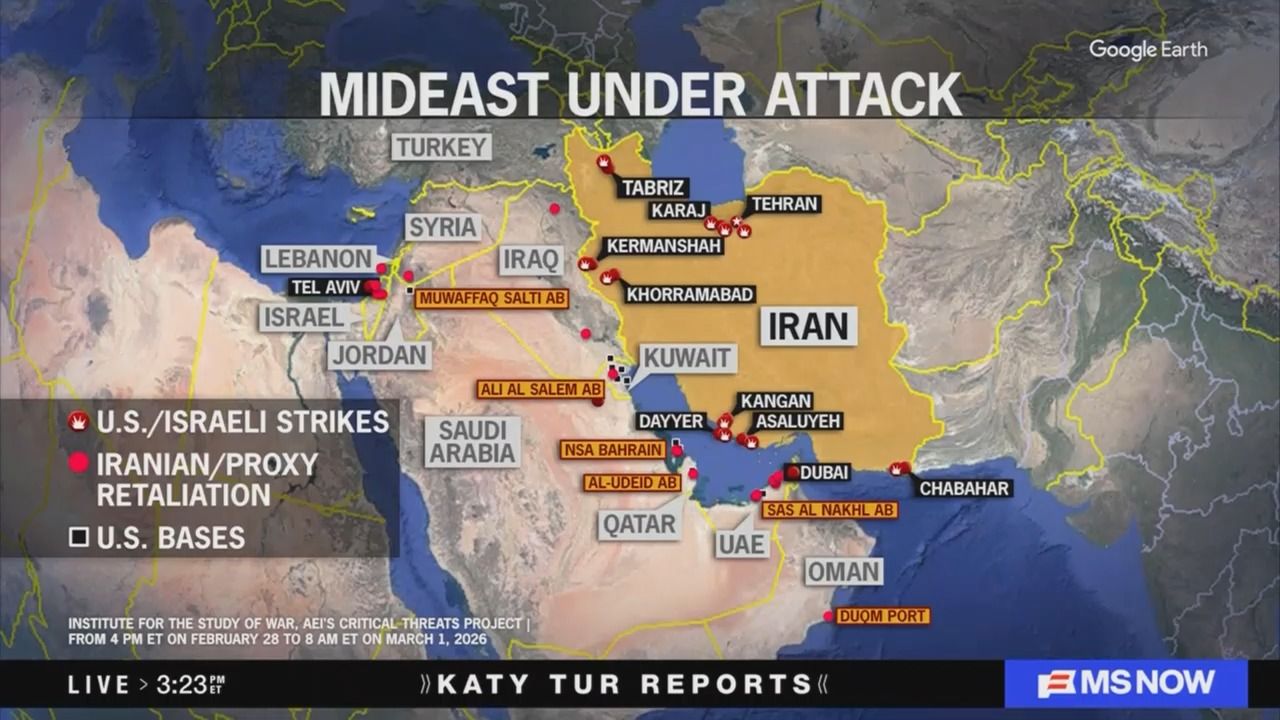 Map titled "Mideast Under Attack" showing U.S./Israeli strikes, Iranian/proxy retaliation, and U.S. bases across Iran, Iraq, Syria, Israel, UAE, Saudi Arabia, and surrounding regions.