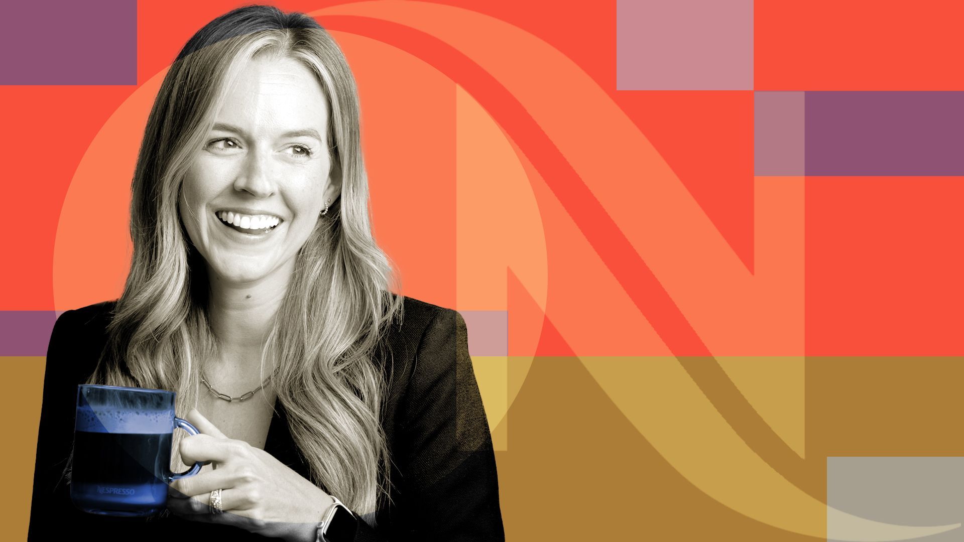 Photo illustration of Nespresso's VP of marketing and head of sustainability Jessica Padula next to the Nespresso logo and various blocks of color