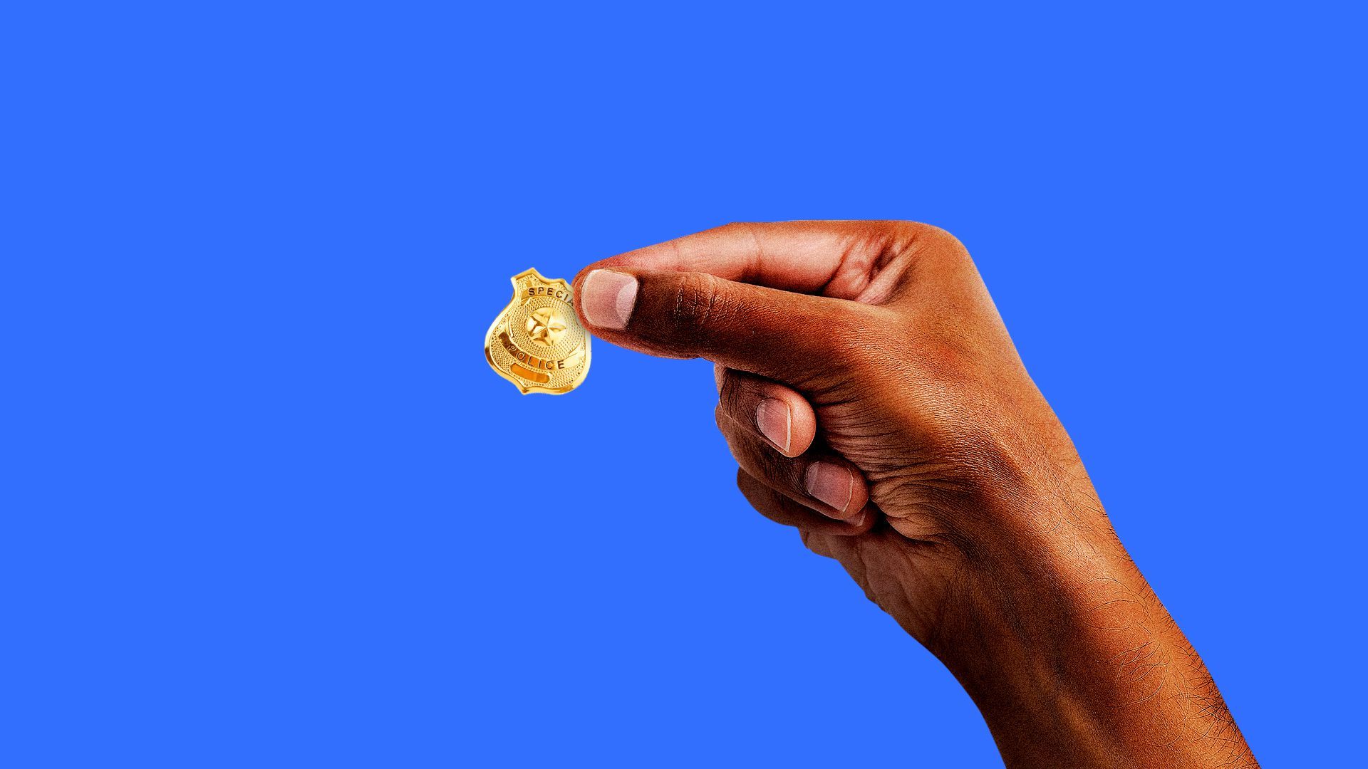 Illustration of a hand holding a tiny police badge. 