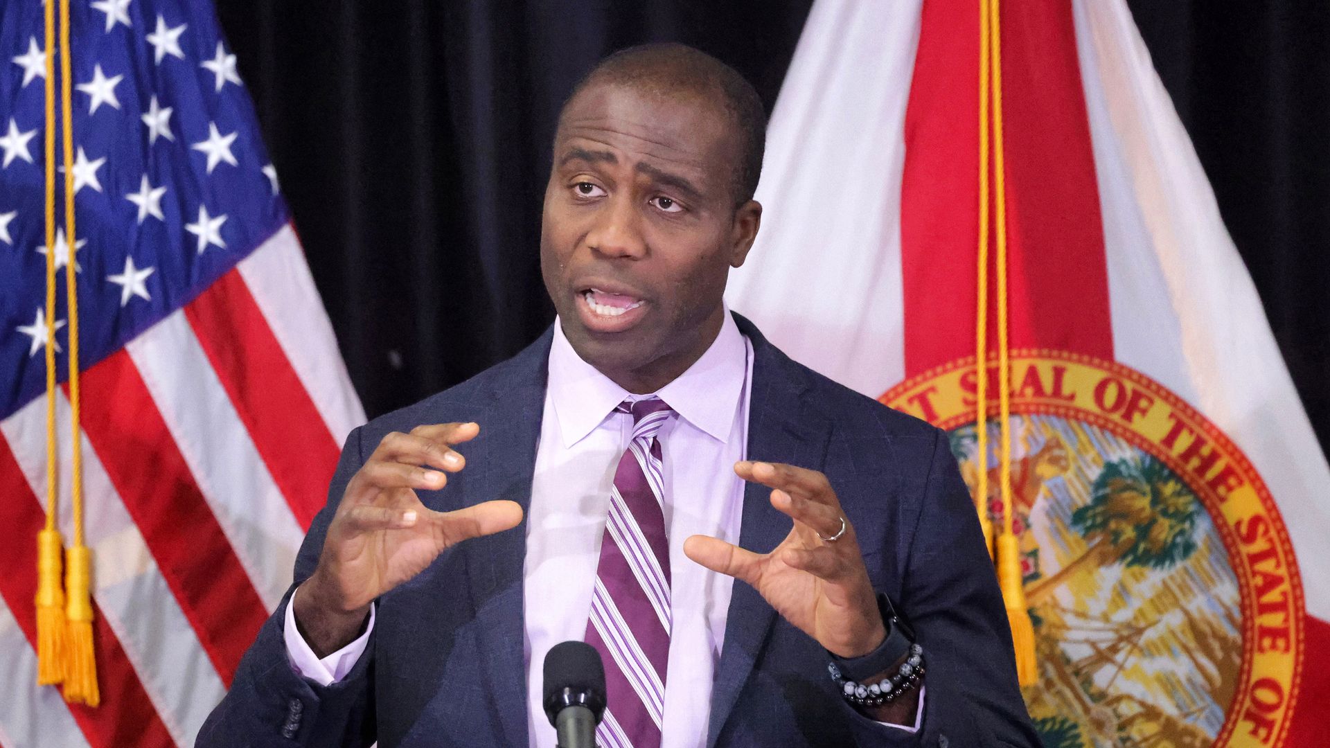 Florida Surgeon General Dr. Joseph Ladapo delivers remarks during a bill-signing ceremony with Florida Gov. Ron DeSantis on April 8, 2024, in Sanford, Florida.