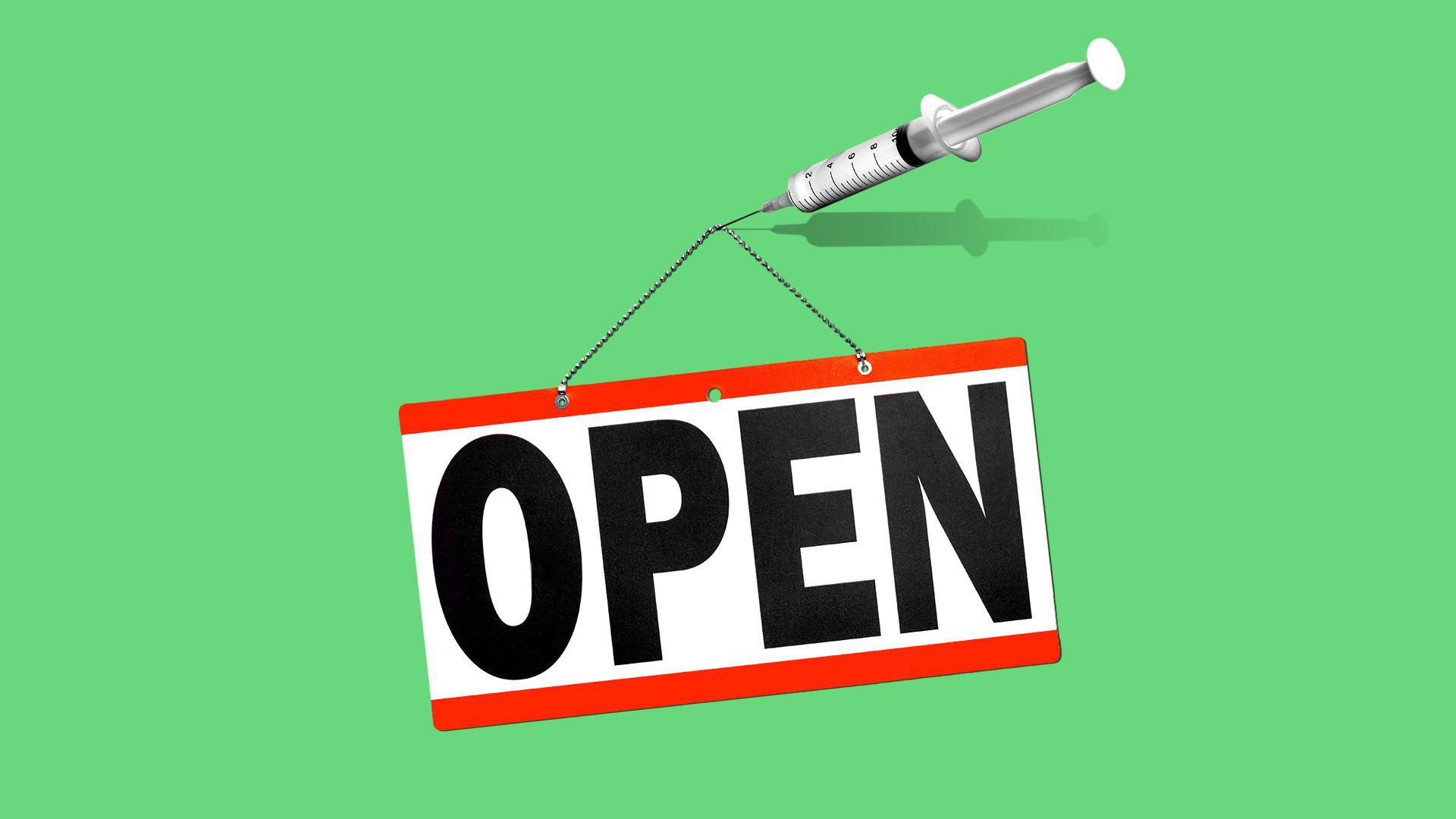 A store's "open" sign held up by a vaccine syringe.