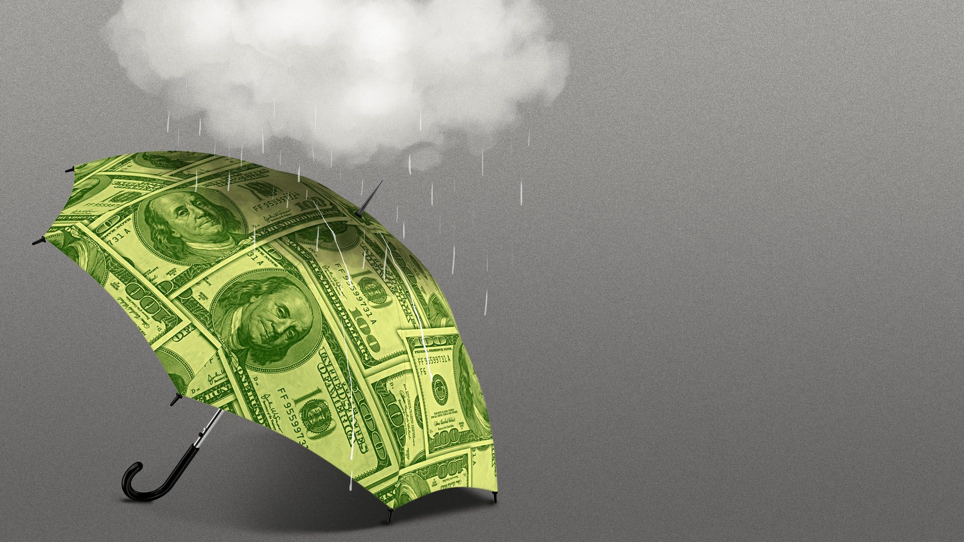 Illustration of an umbrella made up of money with a little raincloud over it 