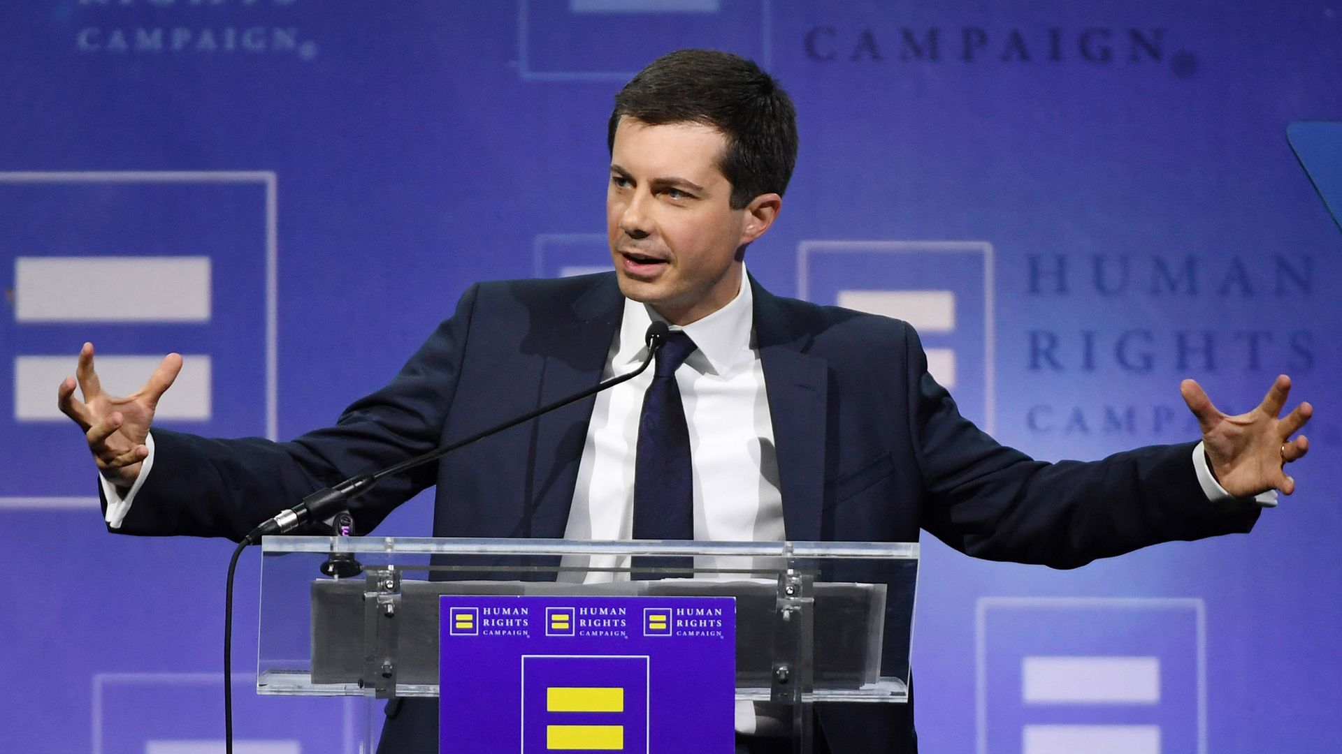  South Bend, Indiana Mayor Pete Buttigieg delivers a keynote address at the Human Rights Campaign's (HRC) 14th annual Las Vegas Gala at Caesars Palace on May 11.
