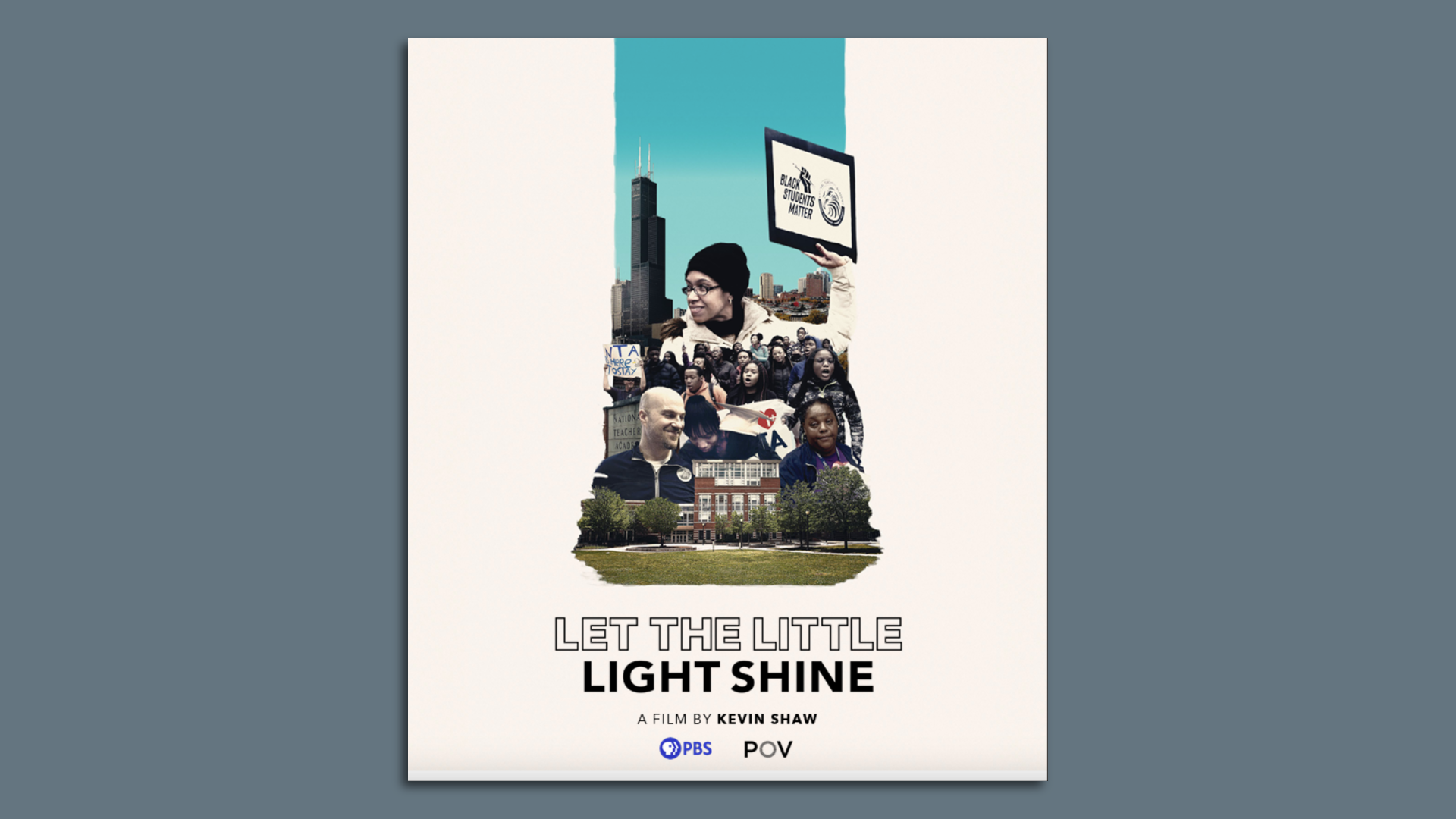 Image of a poster for a moving showing kids and protesters 