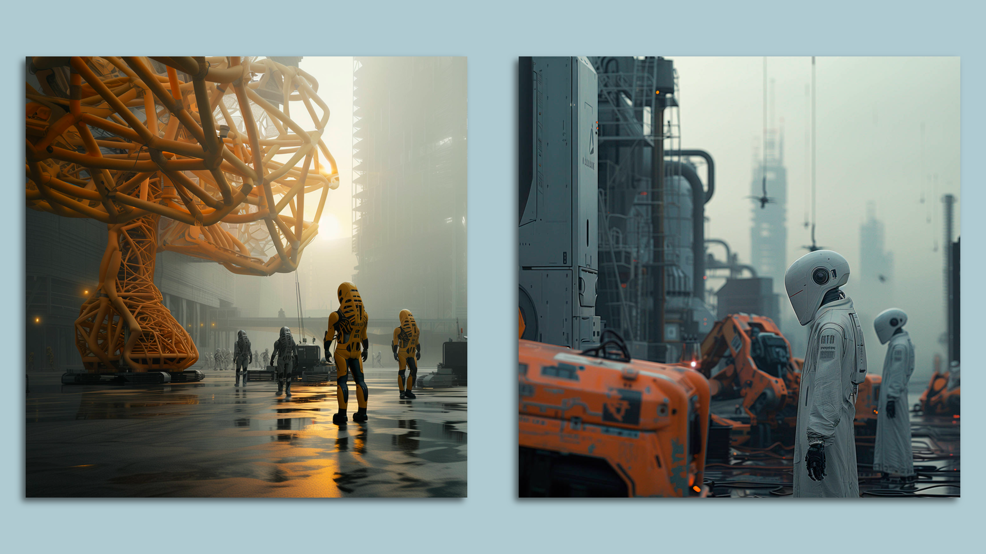 Futuristic scenes that show robots and suits creating physical structures in a city.