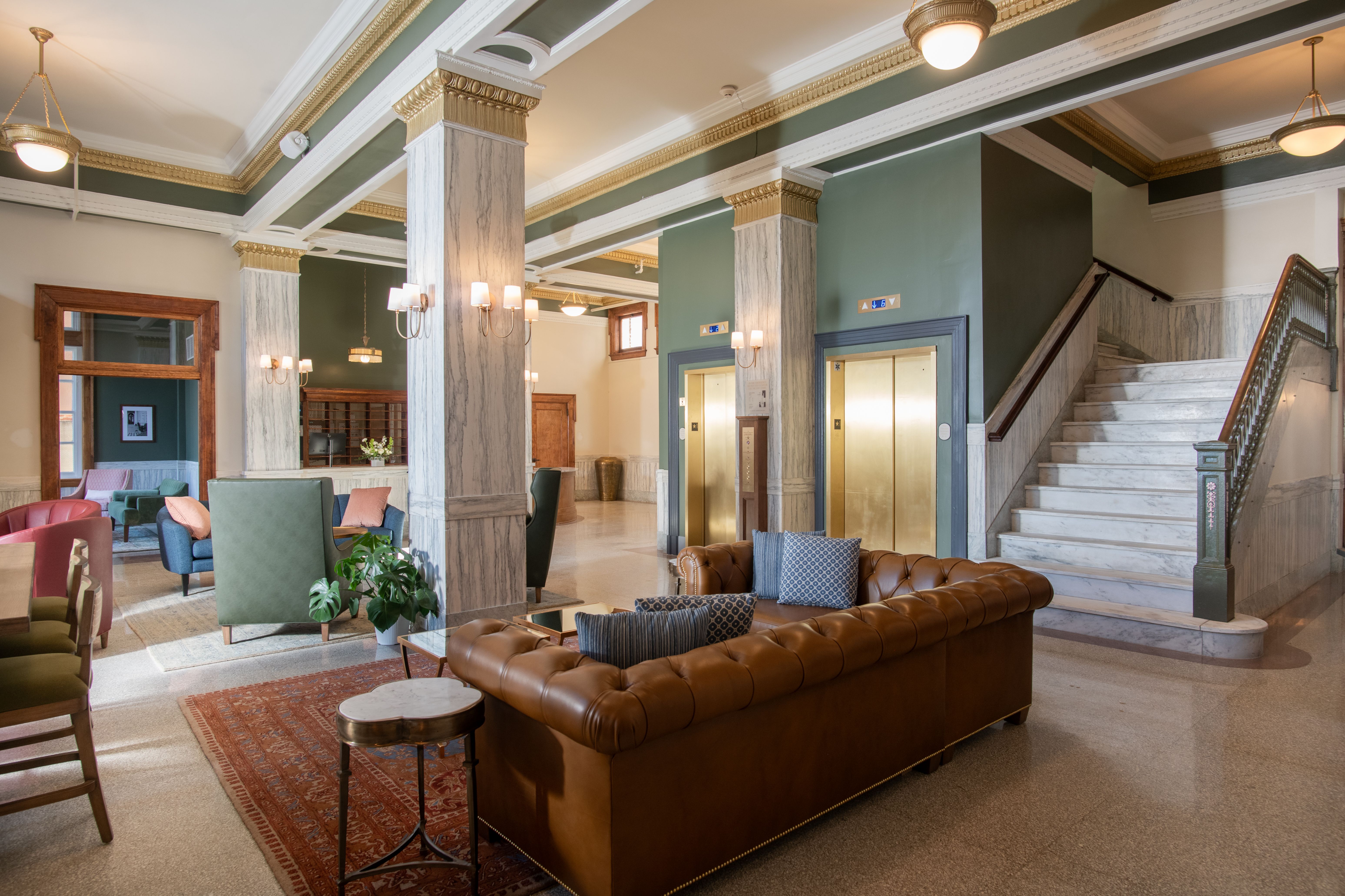 The hotel lobby with swanky couches 