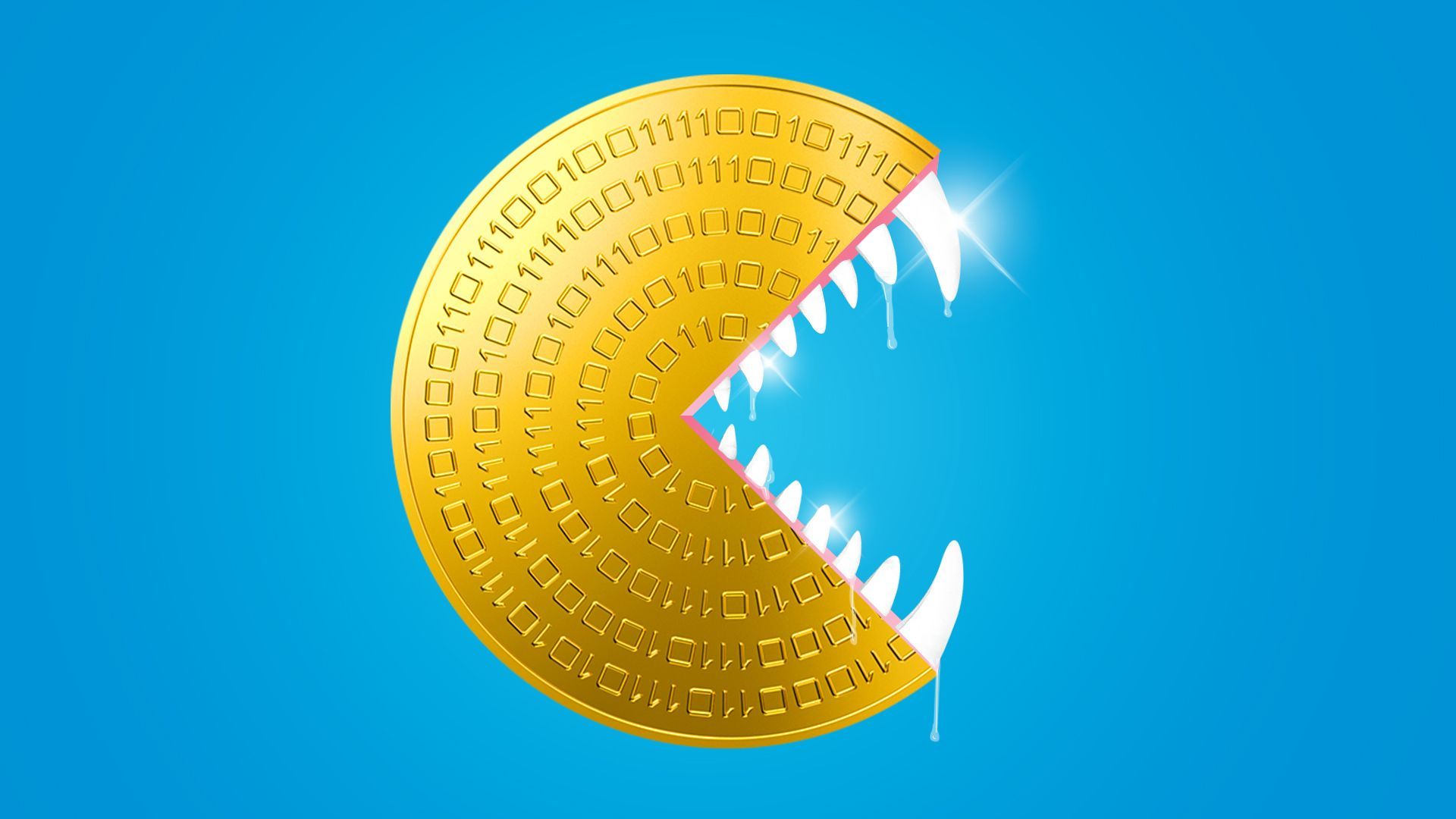 Illustration of a crypto coin with a cut out mouth full of sharp shiny teeth and spit. 