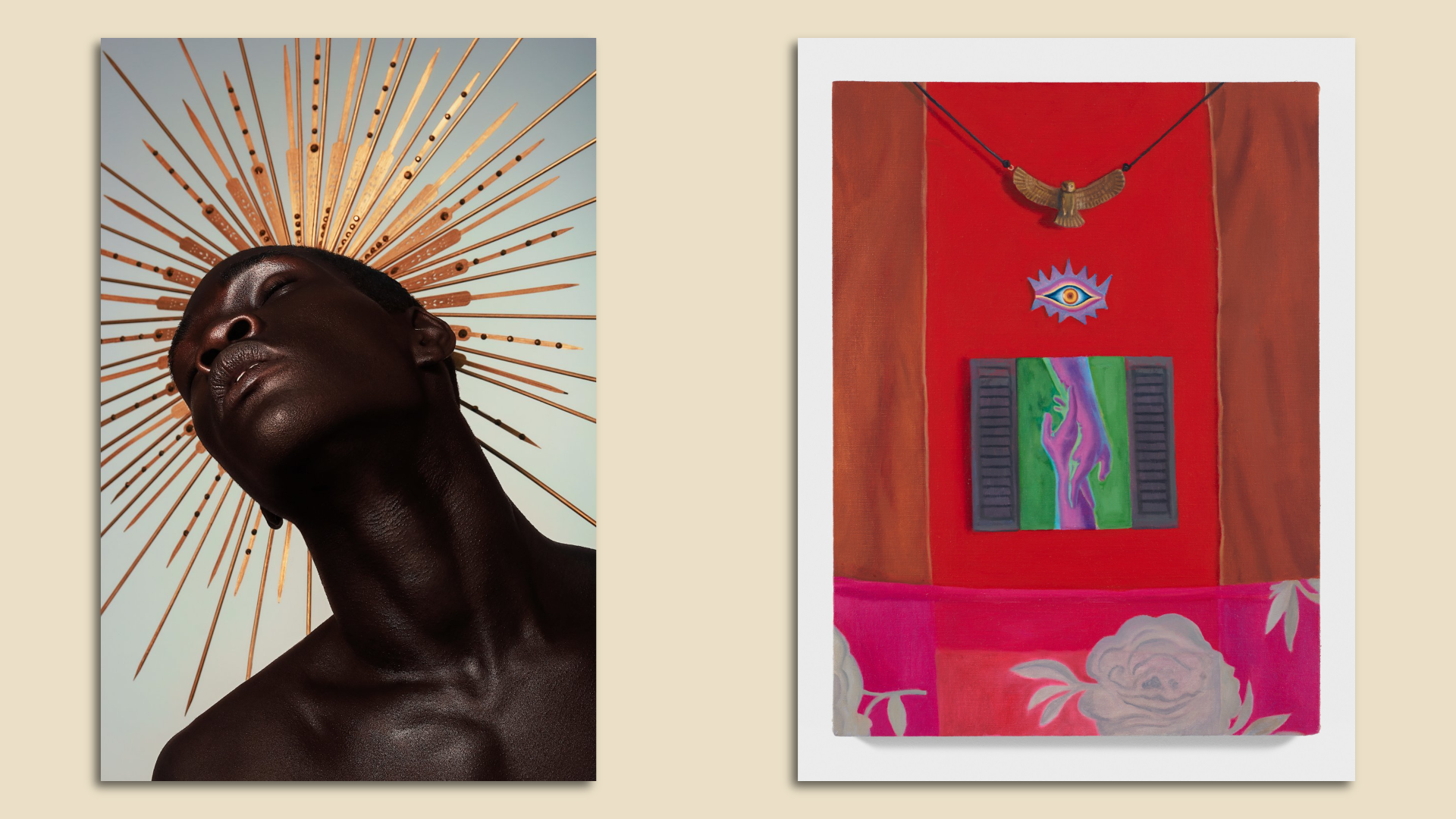 A portrait of someone with a halo on the left, and a mixed-media piece with an eye and hands. 