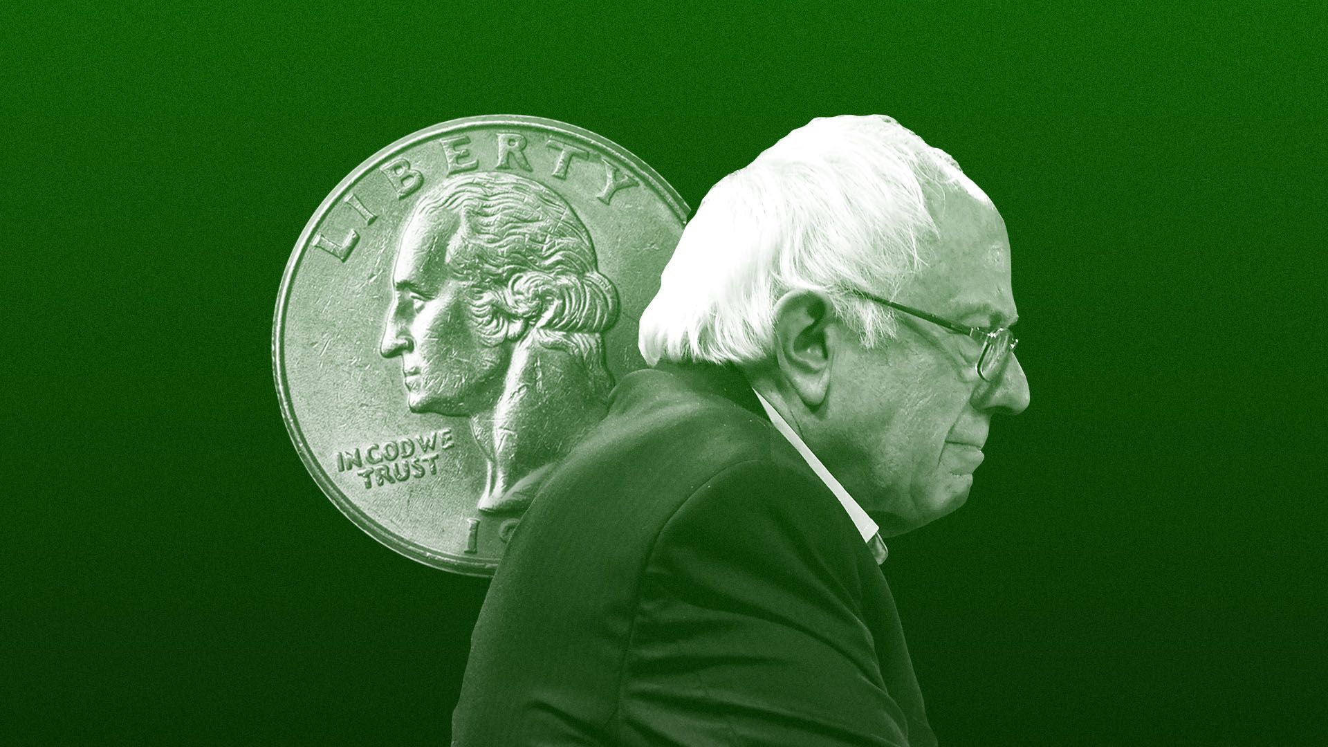 Photo illustration of Bernie Sanders in profile juxtaposed with a quarter.
