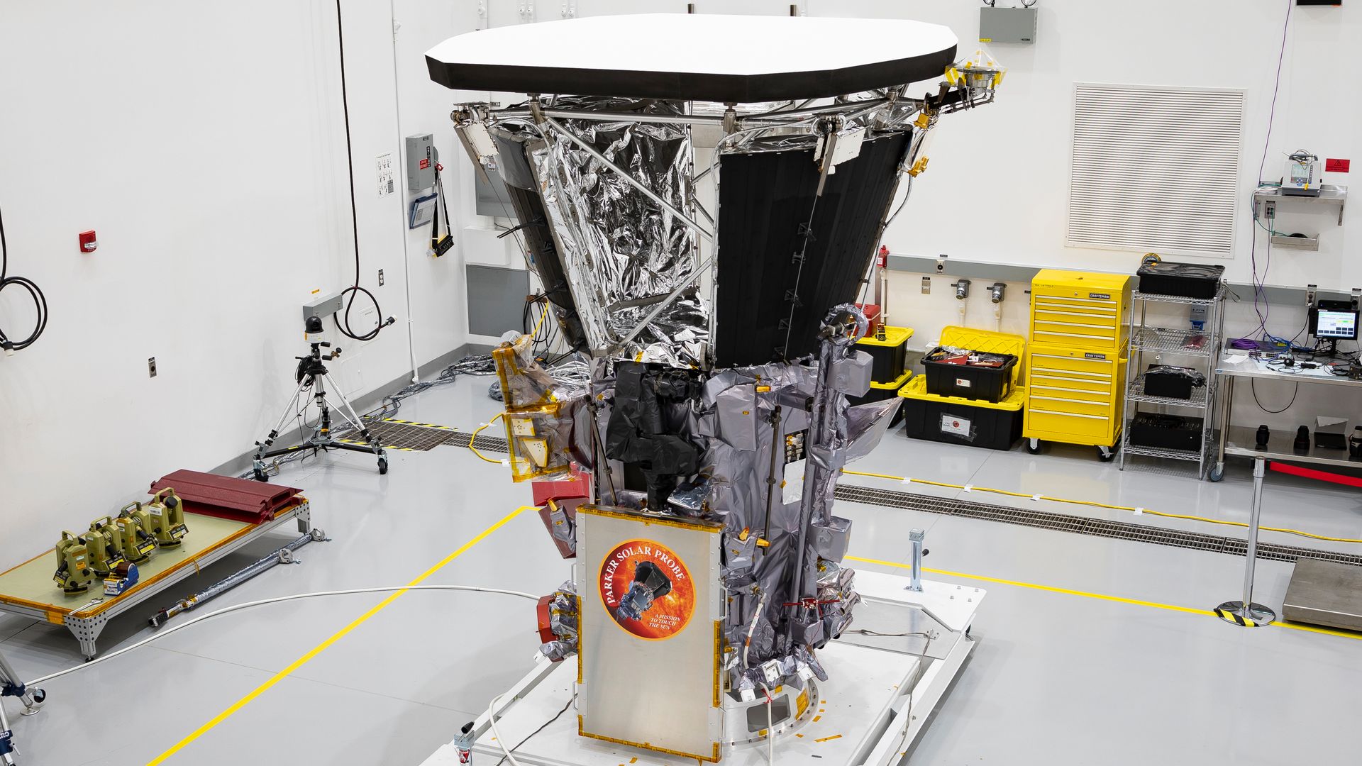  Parker Solar Probe sits in a clean room on July 6, 2018, at Astrotech Space Operations in Titusville, Florida, after the installation of its heat shield.