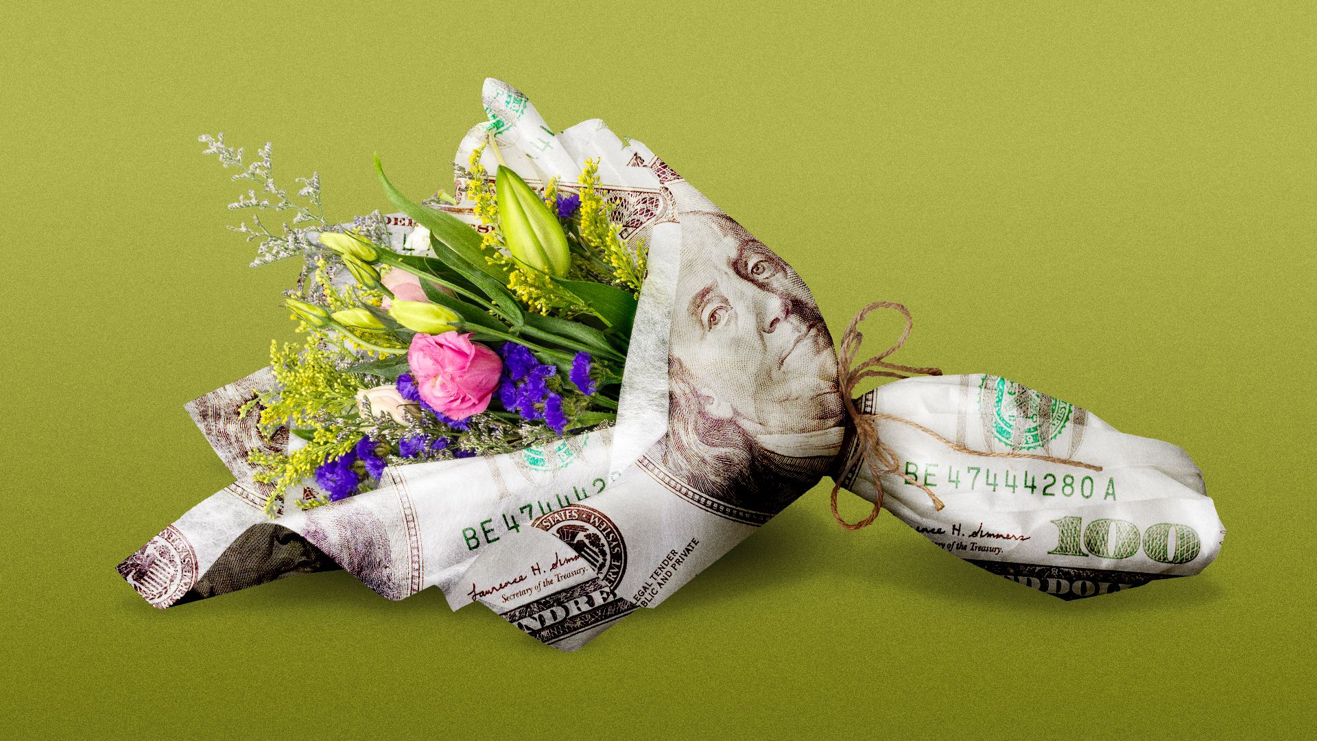 Illustration of a bouquet with money printed on the wrapping.