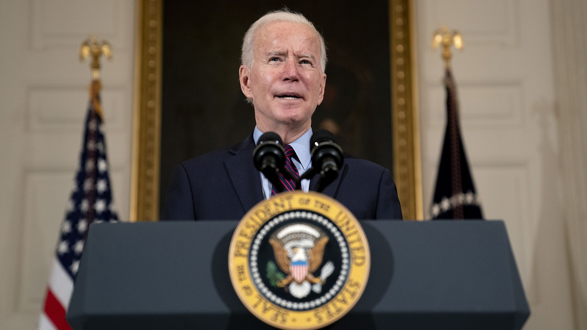 President Joe Biden delivers remarks in the State Dining Room at the White House on February 05