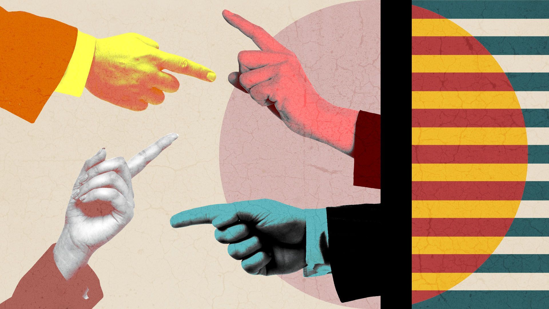 Illustration of various hands in suits pointed at each other surrounded by various shapes