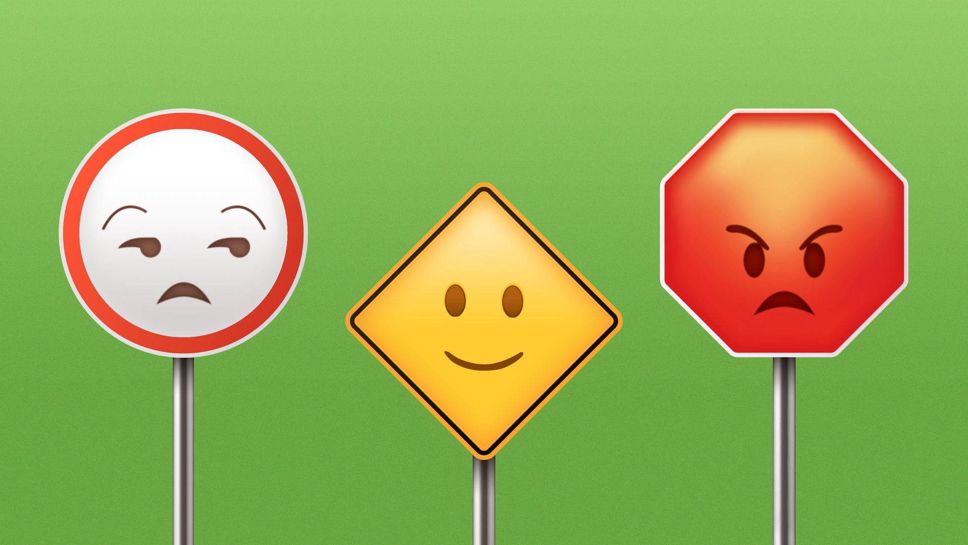 Illustration of different traffic signs with emojis on top.