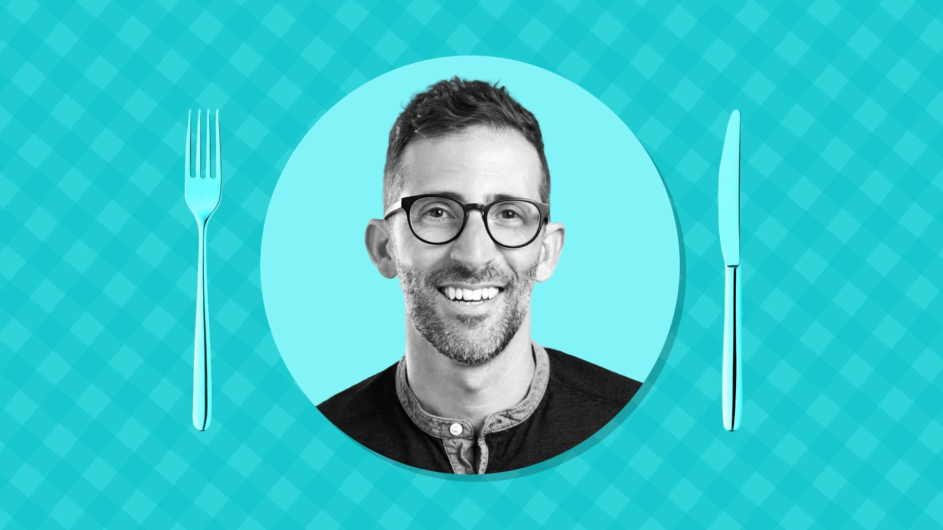 Photo illustration of Ari Bloom on top of a checkered tablecloth pattern surrounded by a fork and knife.