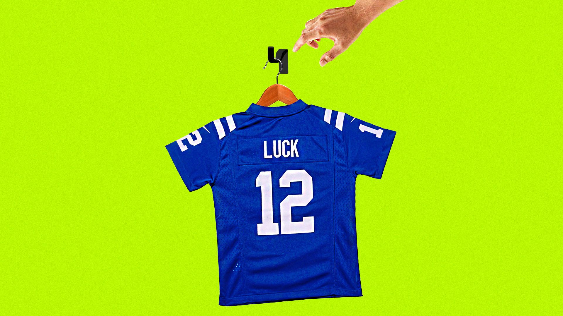 Illustration of a hand hanging up an Andrew Luck jersey.