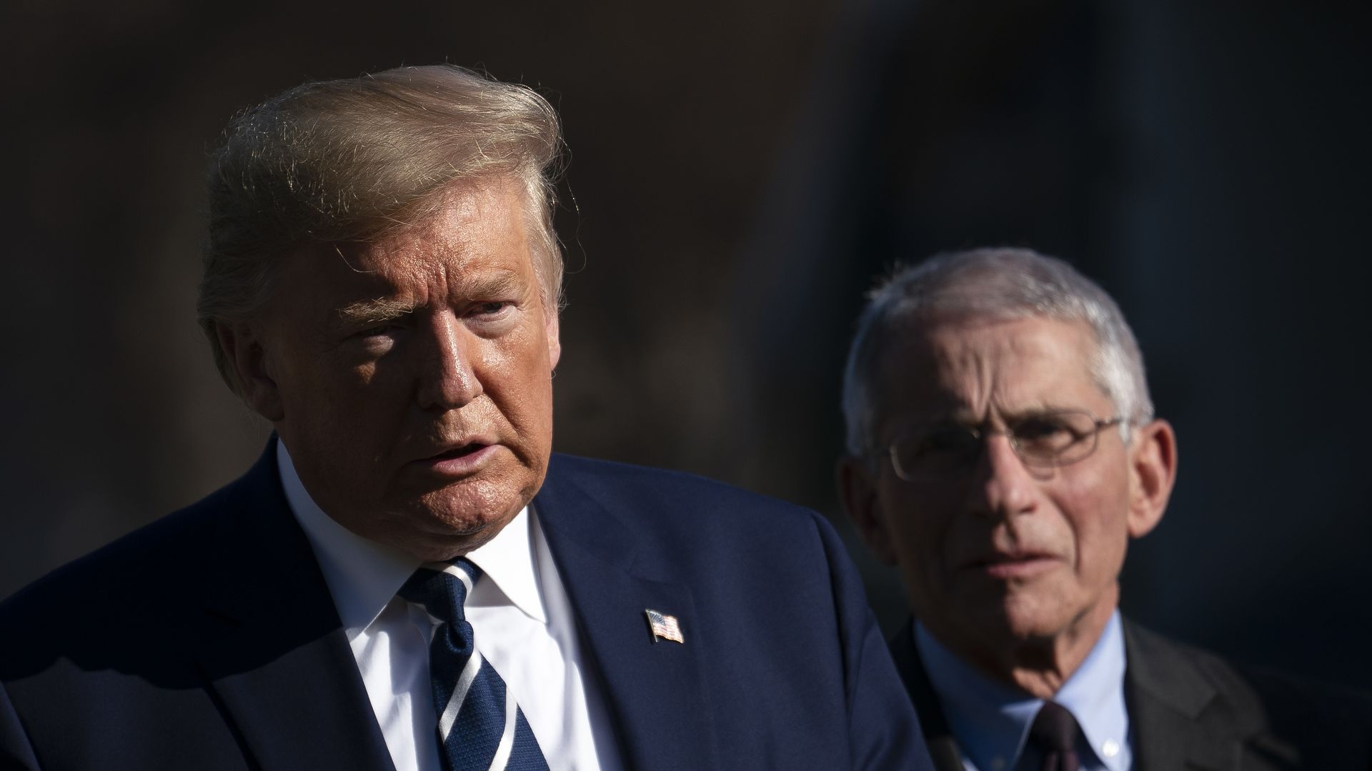 U.S. President Donald Trump and Dr. Anthony Fauci of the NIH walking on the south lawn of the White House