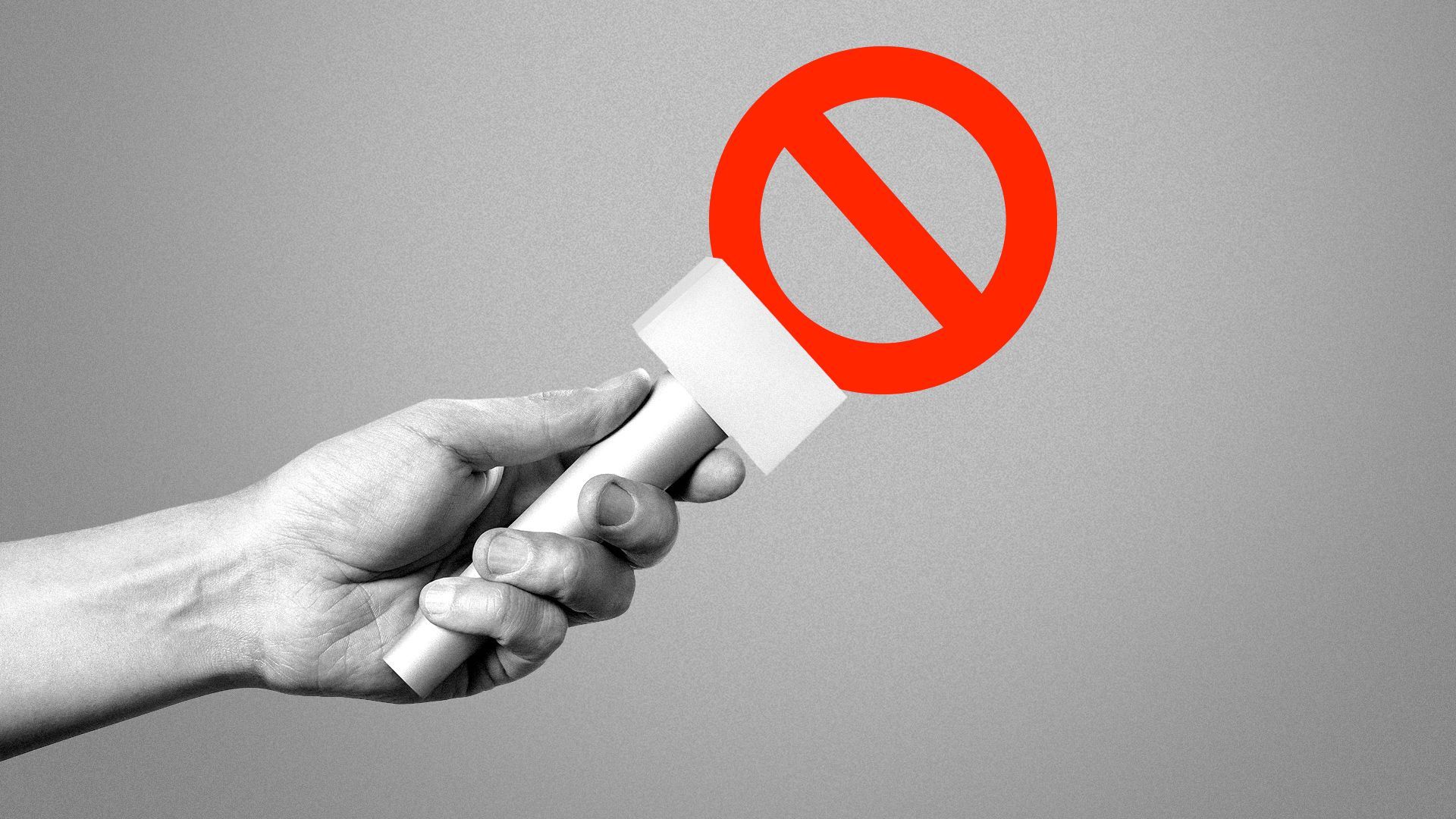 Illustration of a hand holding out a microphone with a no symbol as the top part. 
