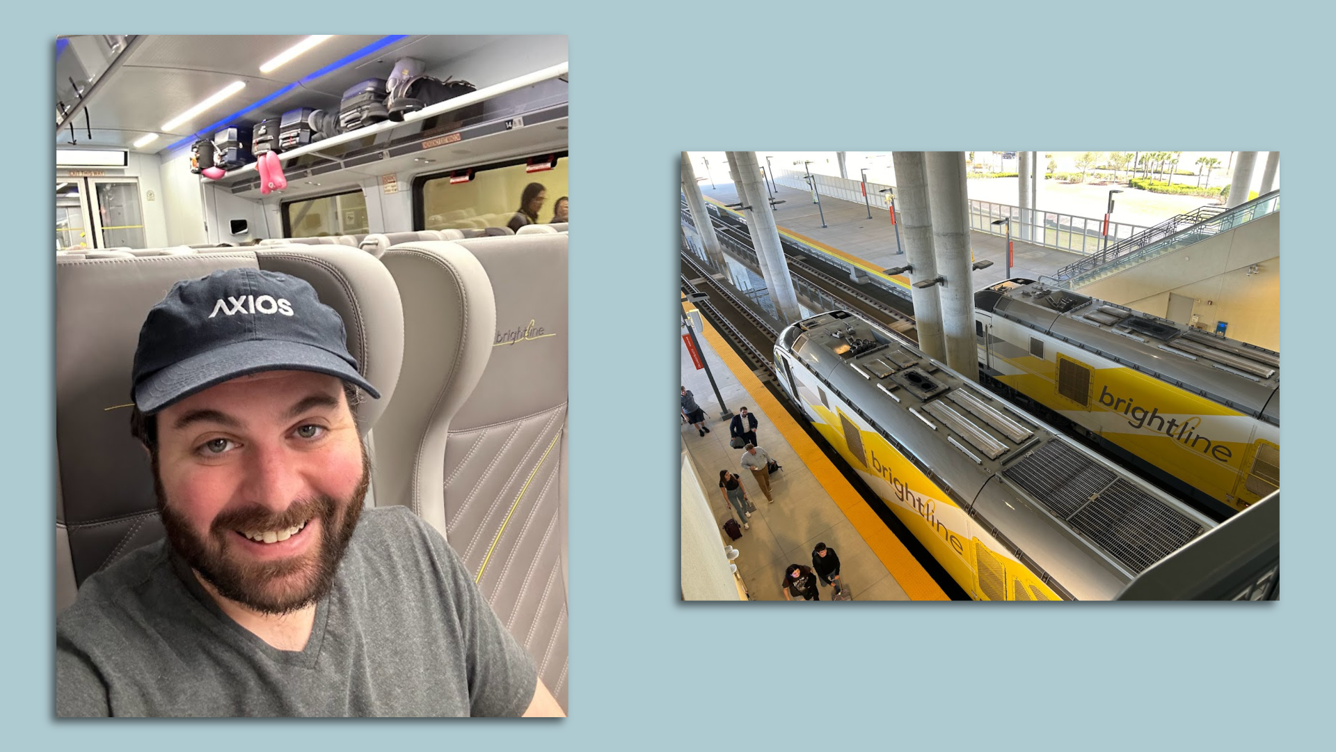 A compilation of two images: on the left, a selfie of the author aboard the Brightline; on the right, an external photo of the train from above. 