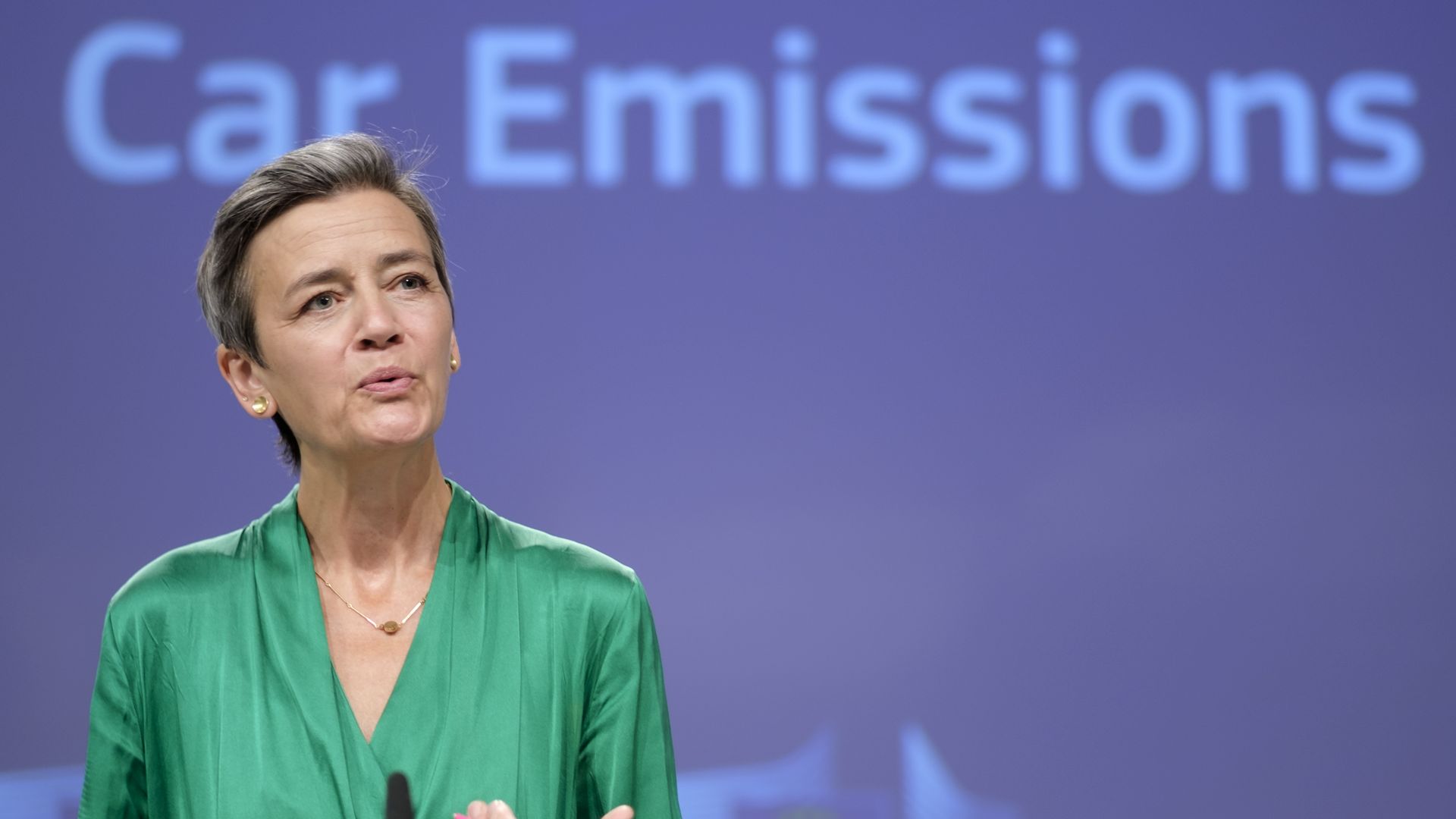  Executive Vice President of the European Commission for A Europe Fit for the Digital Age, Margrethe Vestager talks to the media in the EU Commission press room on July 8, 2021 in Brussels, Belgium.