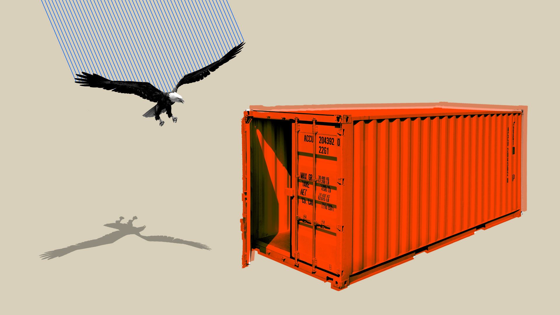 Illustration of a bald eagle flying towards an open shipping container.