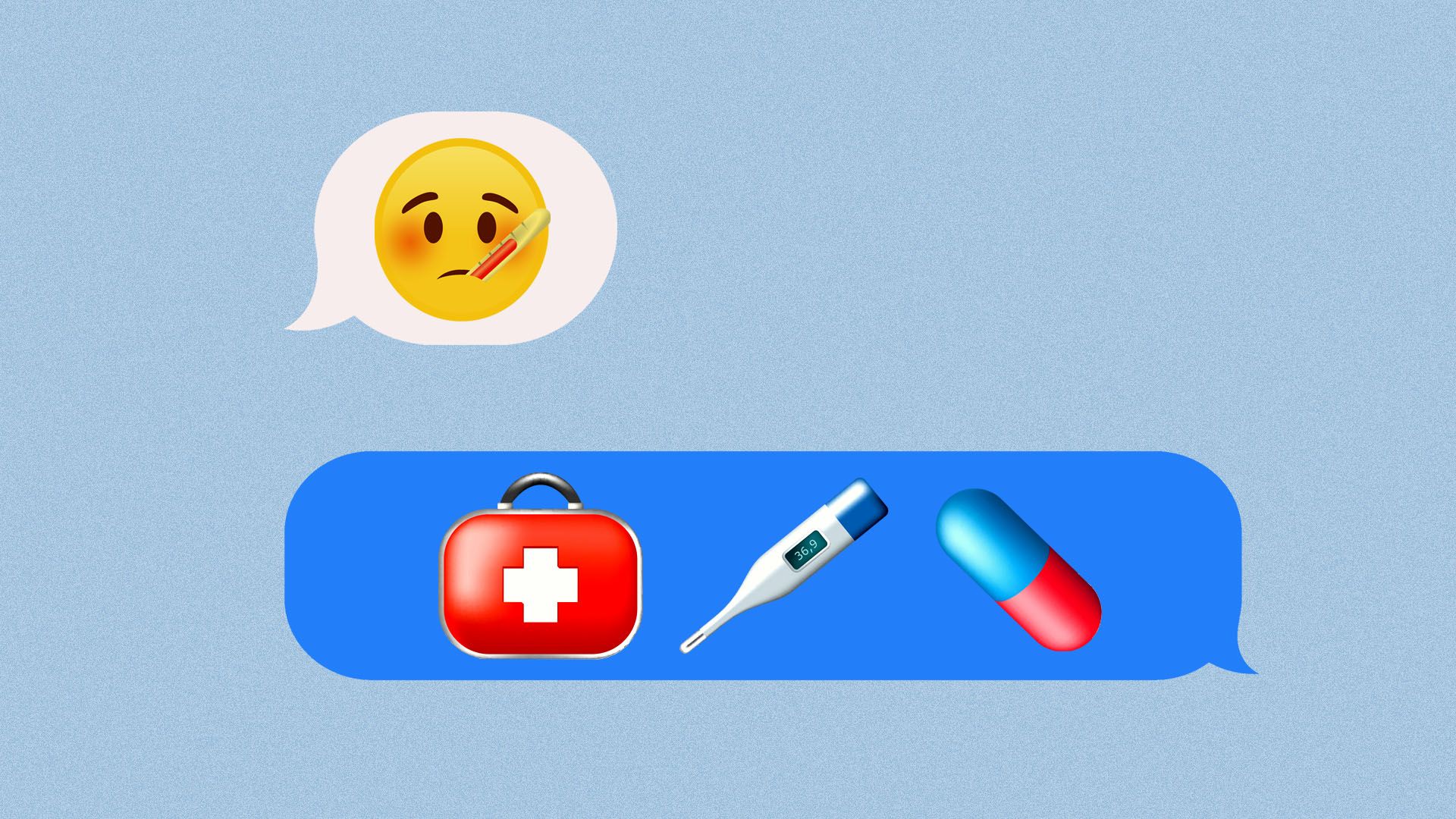Illustration of a text message conversation featuring a sick person emoji, and a medical kit, shot, and pill emojis