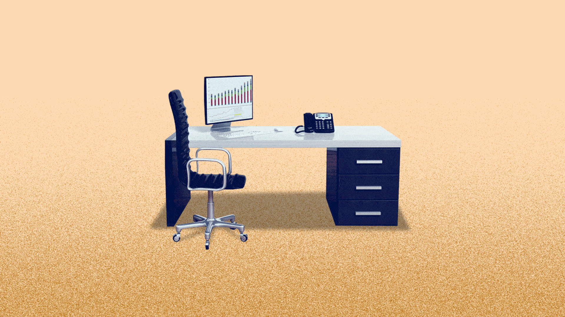 Animated illustration of a desk out in the desert with a tumbleweed blowing by.