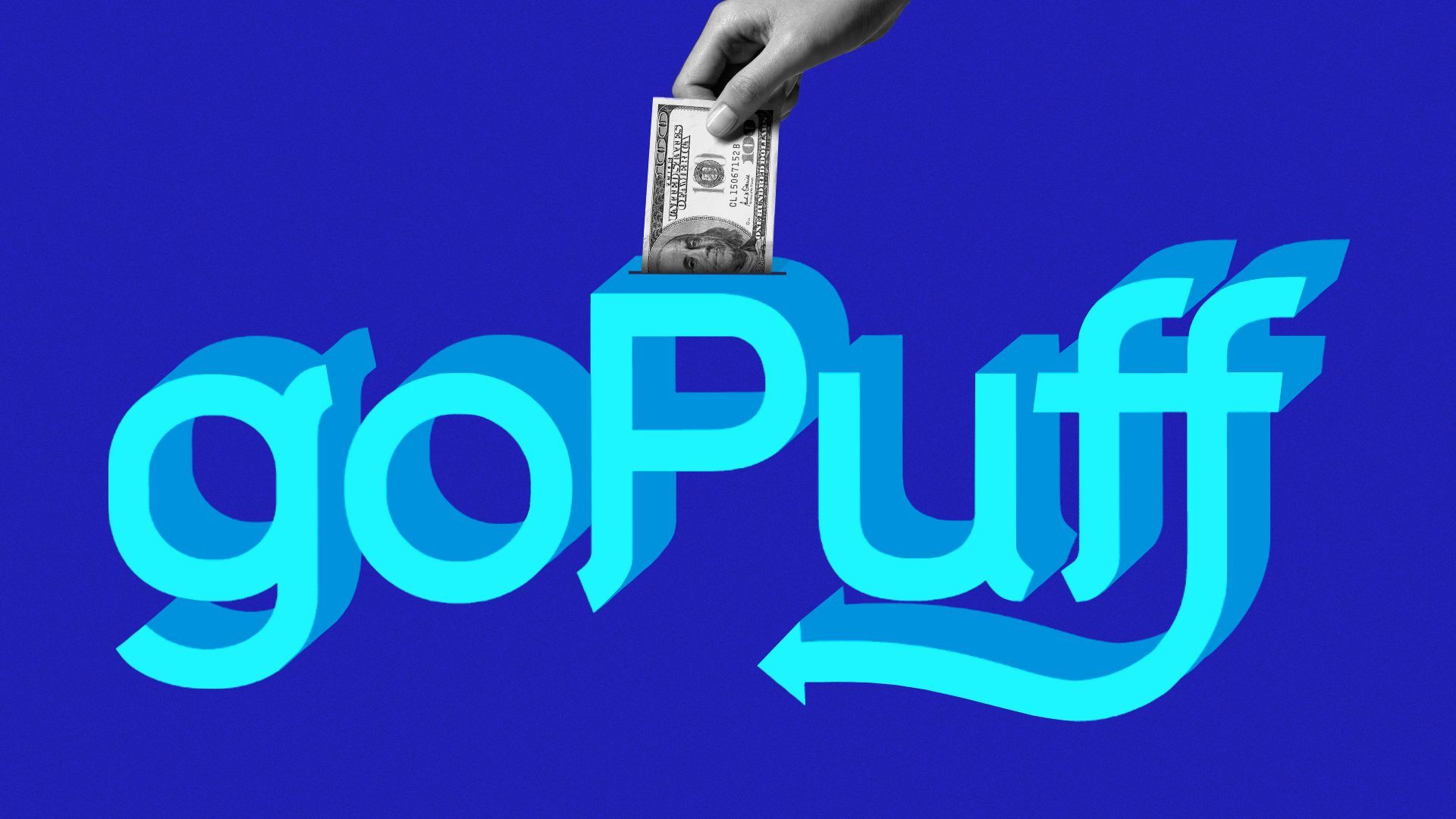 Illustration of a hand placing a one hundred dollar bill into the goPuff logo