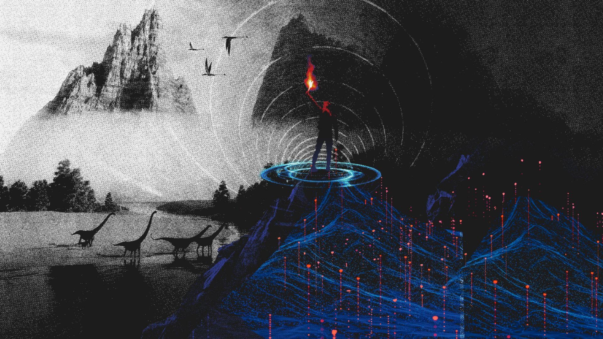Silhouetted figure stands on a mountain peak holding a torch with red flame, surrounded by concentric circles. Dinosaurs walk near a lake under looming rocky cliffs. Blue and red digital lines overlay.