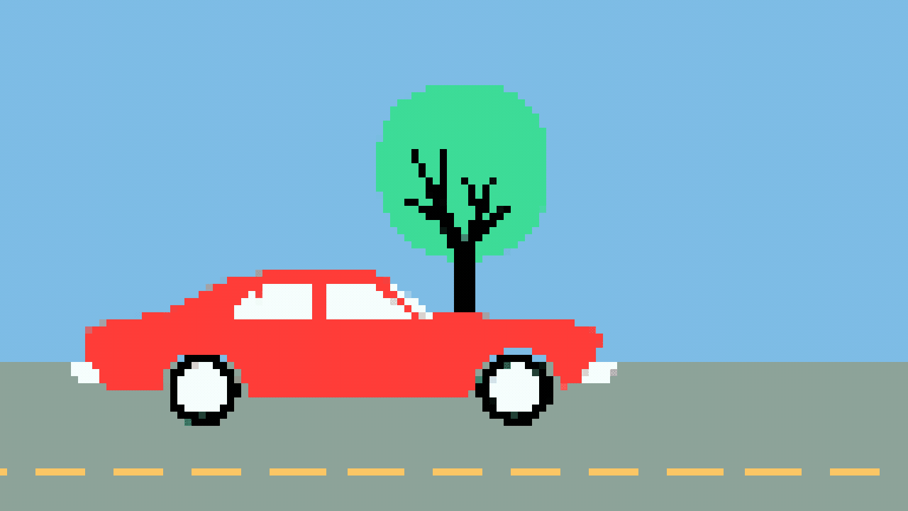 Illustration of an animated video-game car avoiding two potholes, then crashing into a third.