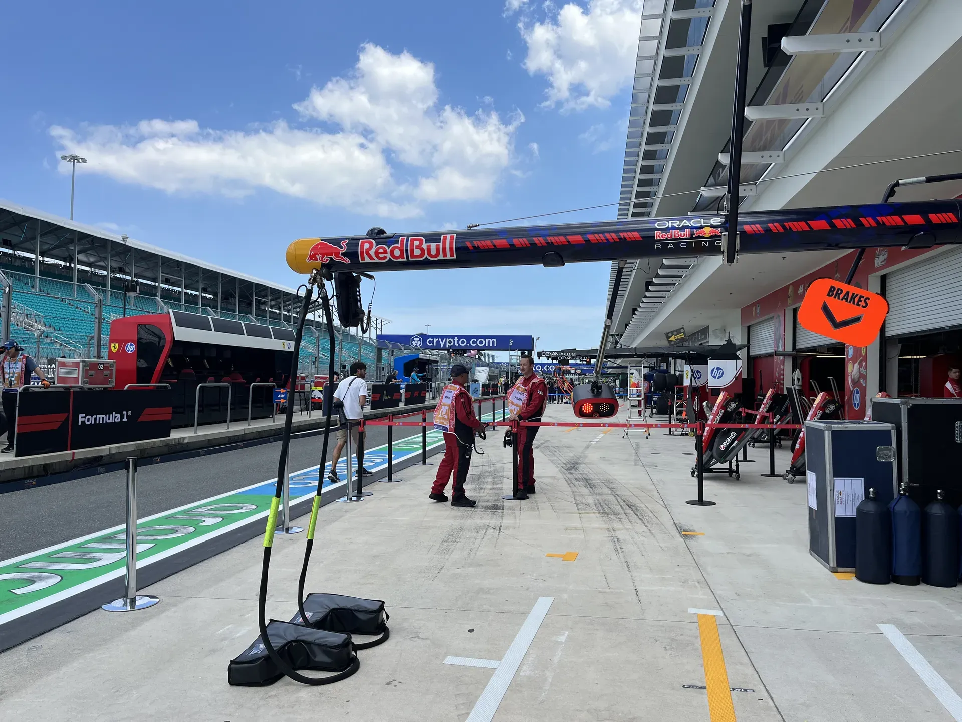 An exterior shot of the Red Bull pit area.