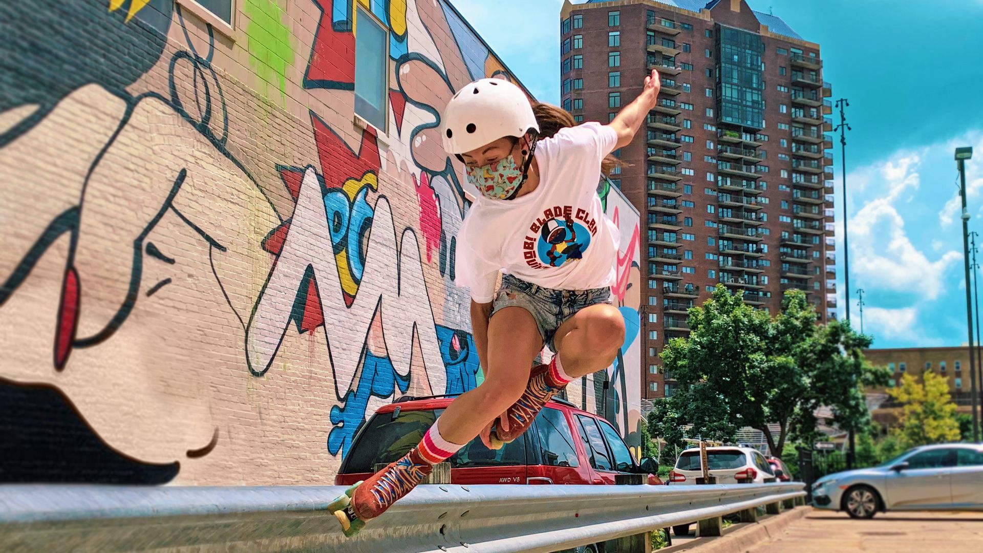 Katie Baird rollerskates off Locust Street in downtown Des Moines.