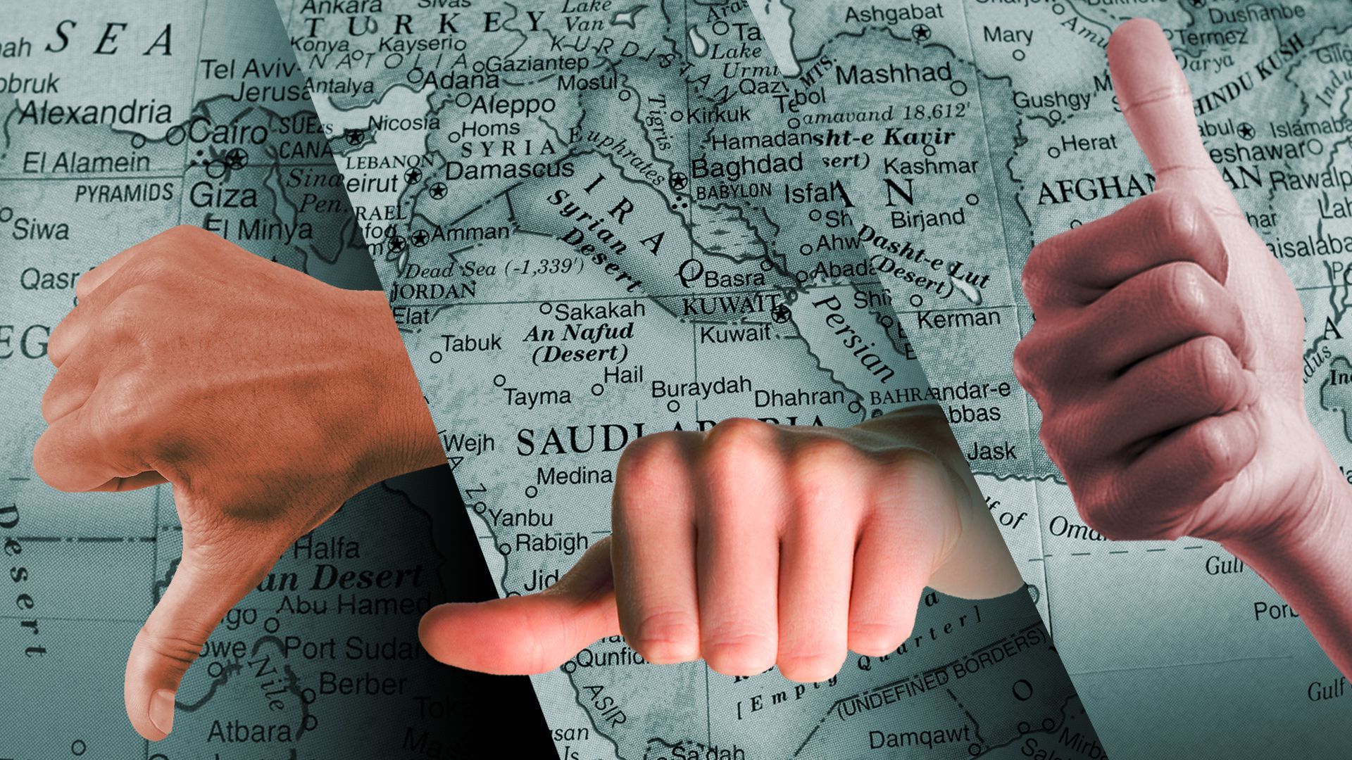 Illustration of hands giving thumbs up and thumbs down in front of a map of the Middle East