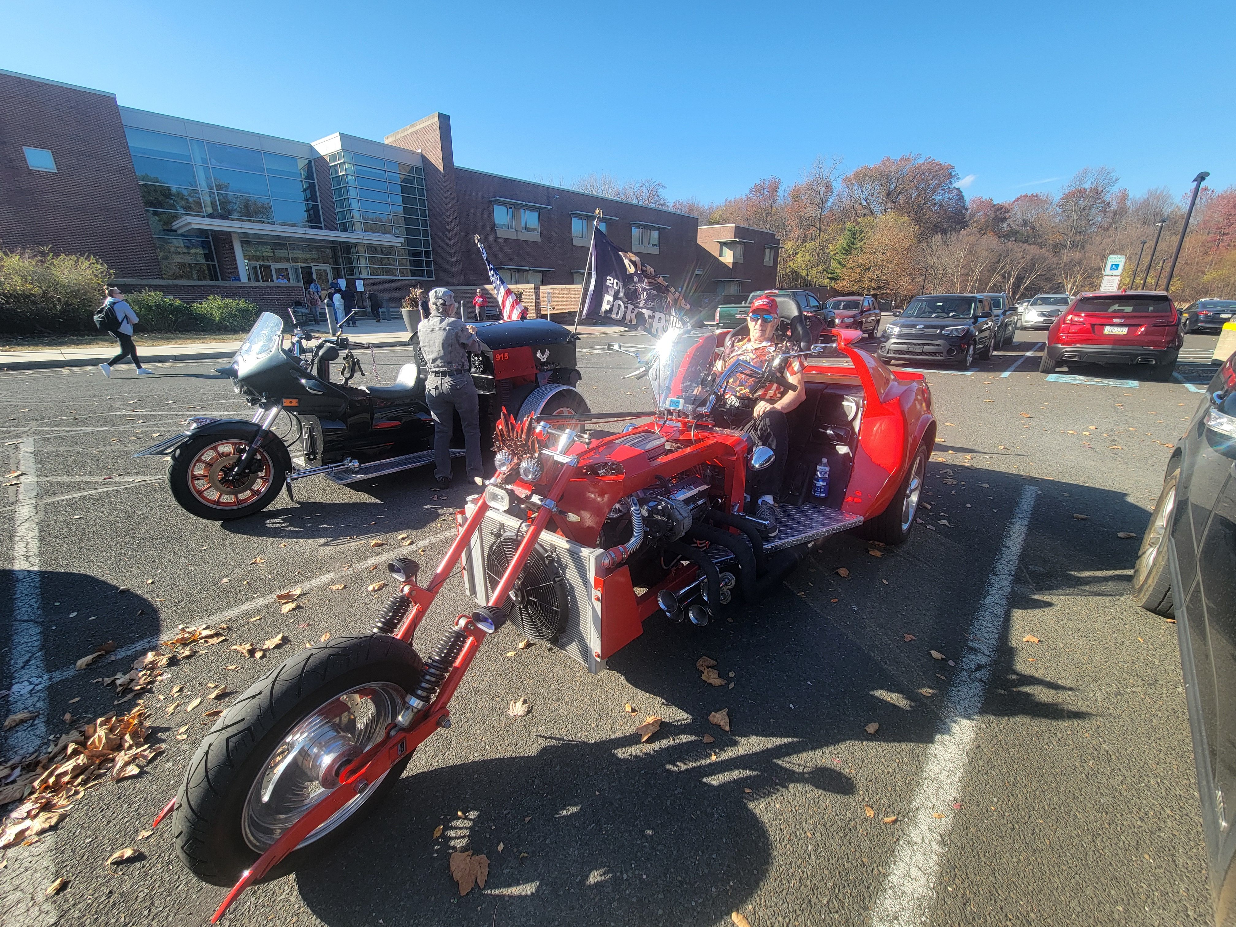 "Bikers for Trump" poll observer Ross Frey on his custom trike outside Bucks County Community College in Bristol. 