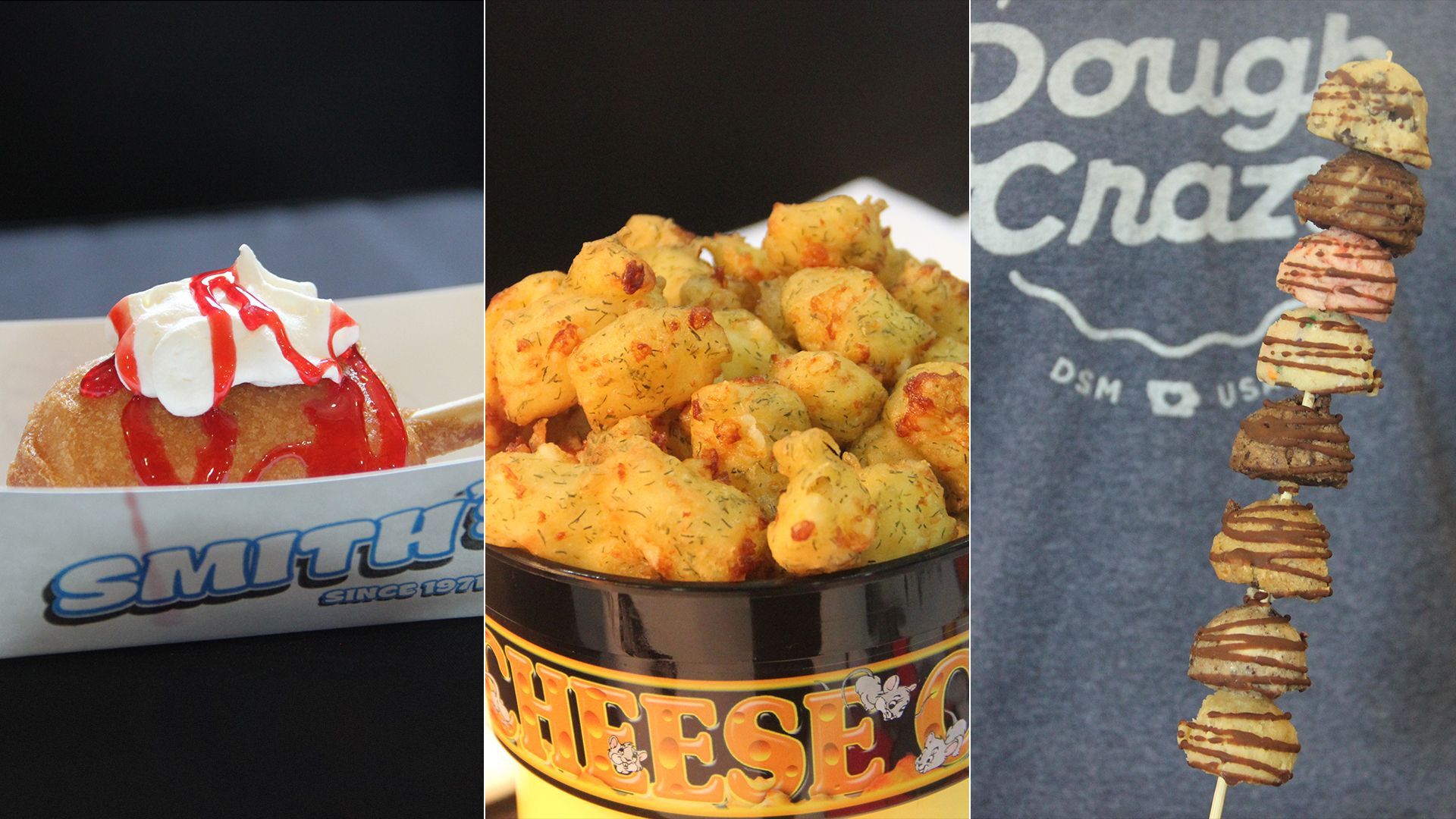 fried strawberry shortcake, cheese curds and edible cookie dough