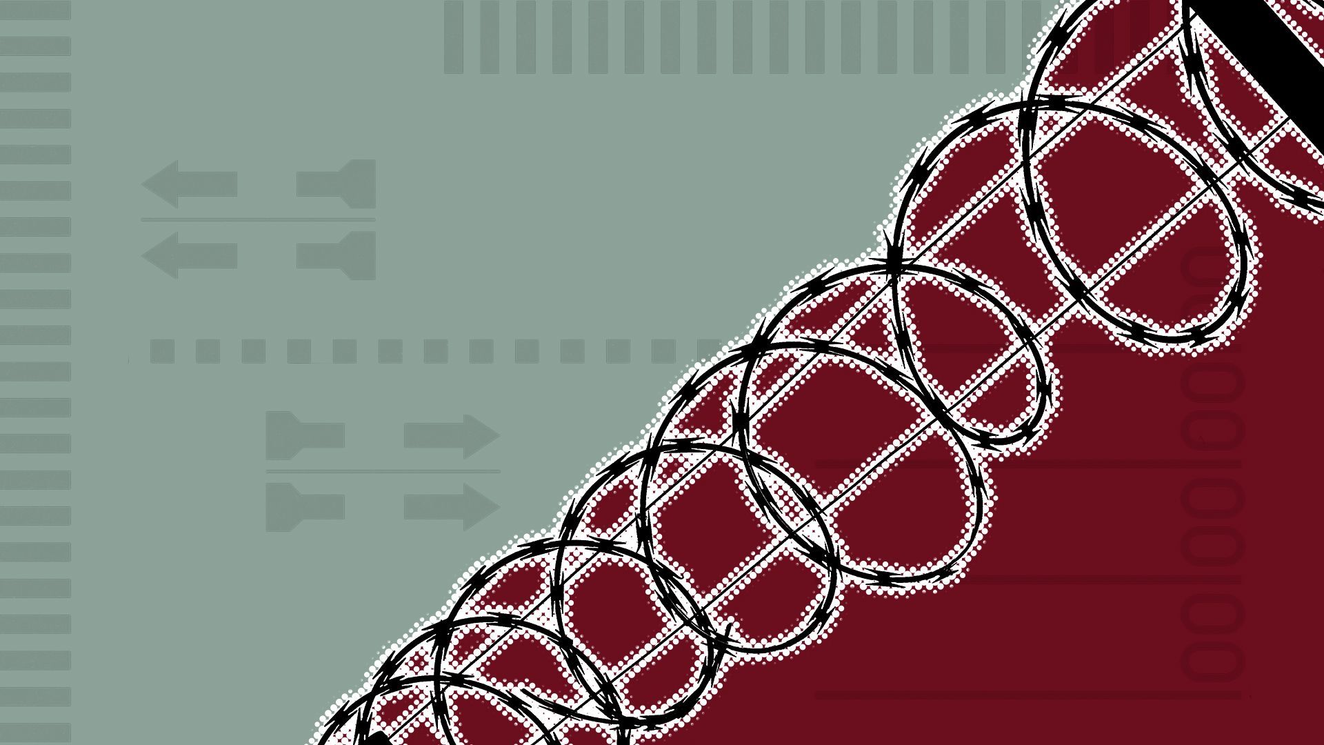 Illustration of a length of razor wire over a divided background with elements of ballots on it.