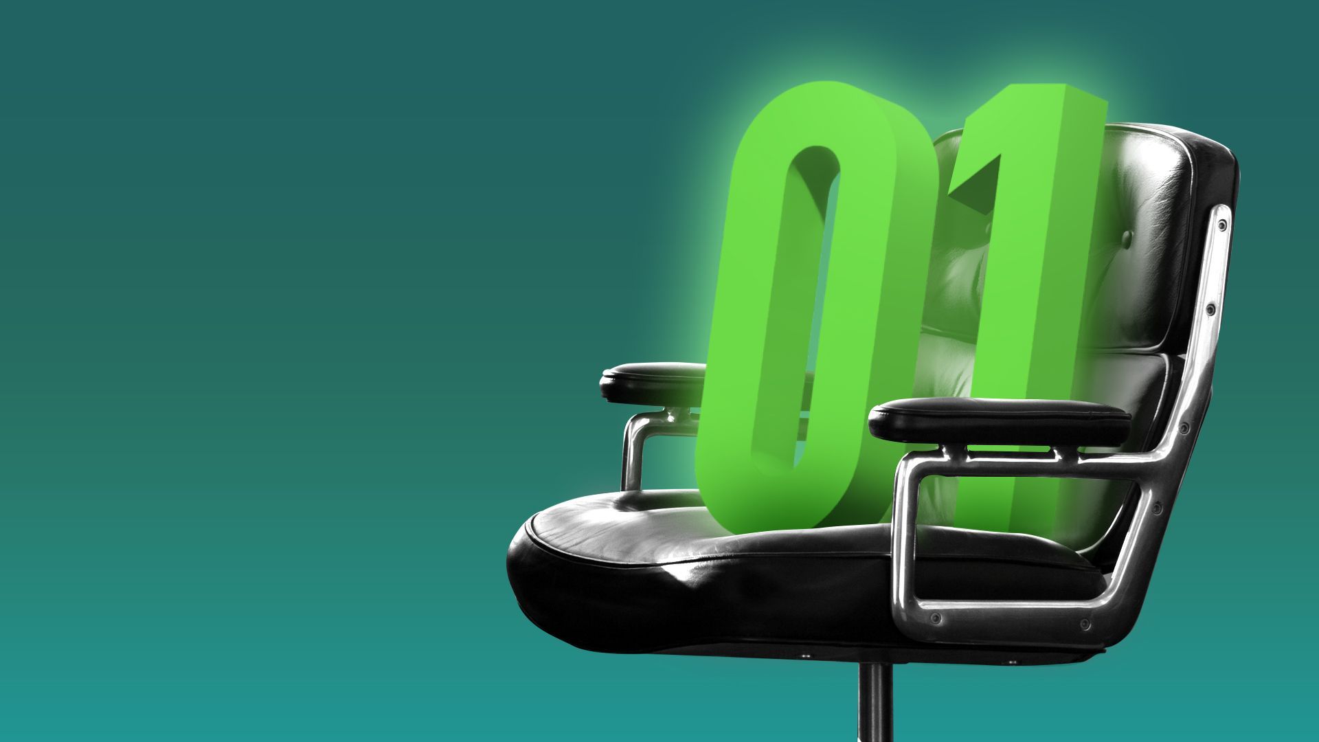 Illustration of a zero and one sitting in an office chair