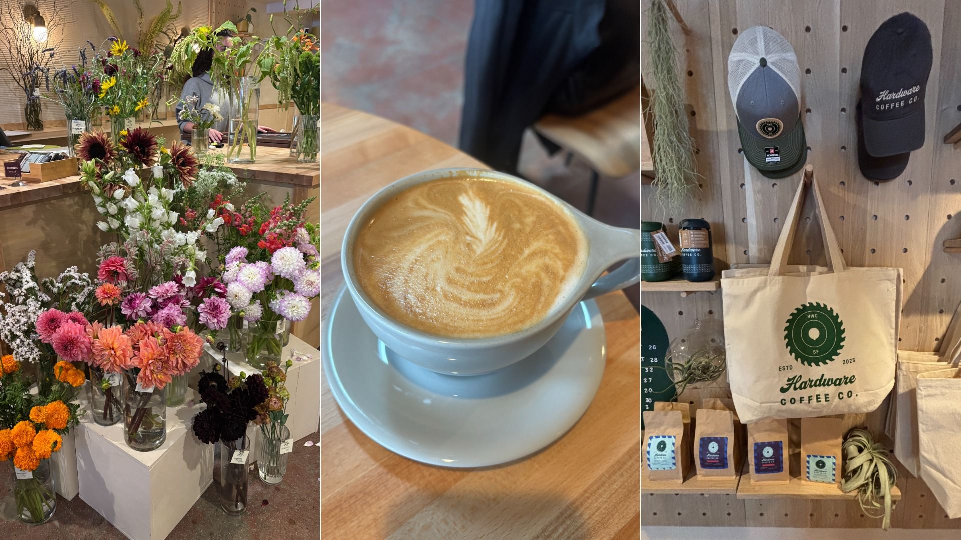 Triptych collage: left bright flower shop with glass vases and bouquets; center latte with leaf art in a blue cup on wood; right wooden wall display with hats and coffee bags.