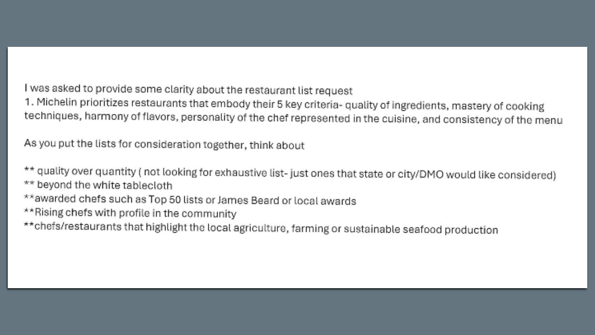 A screenshot of an email showing advice on how to develop a restaurant list for Michelin.