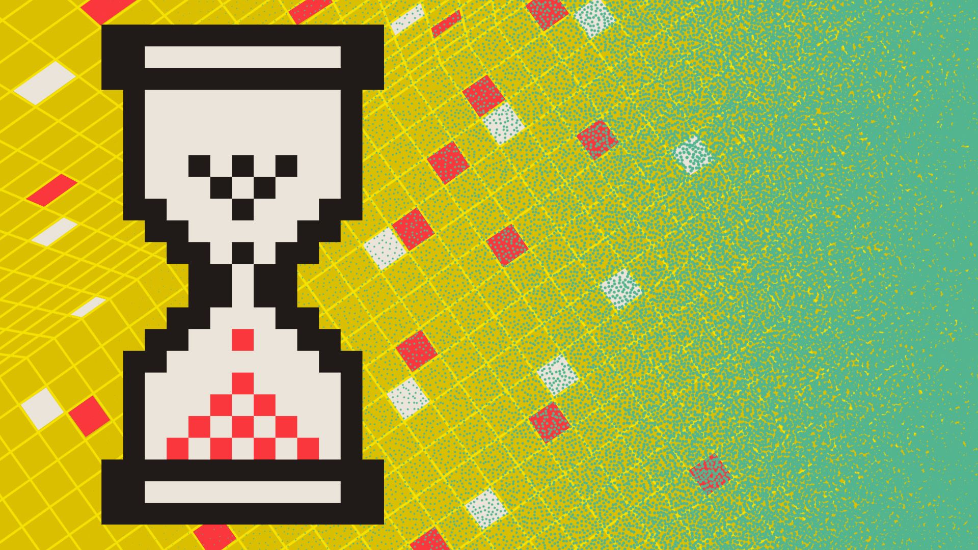 Illustration of a digital computer hourglass over a grid with various blocks of color