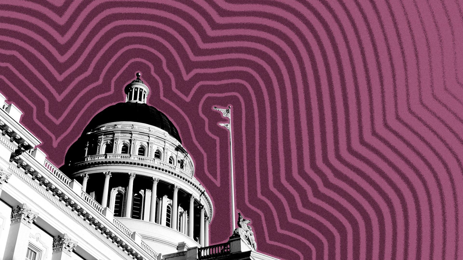 Illustration of the California State Capitol with lines radiating from it.
