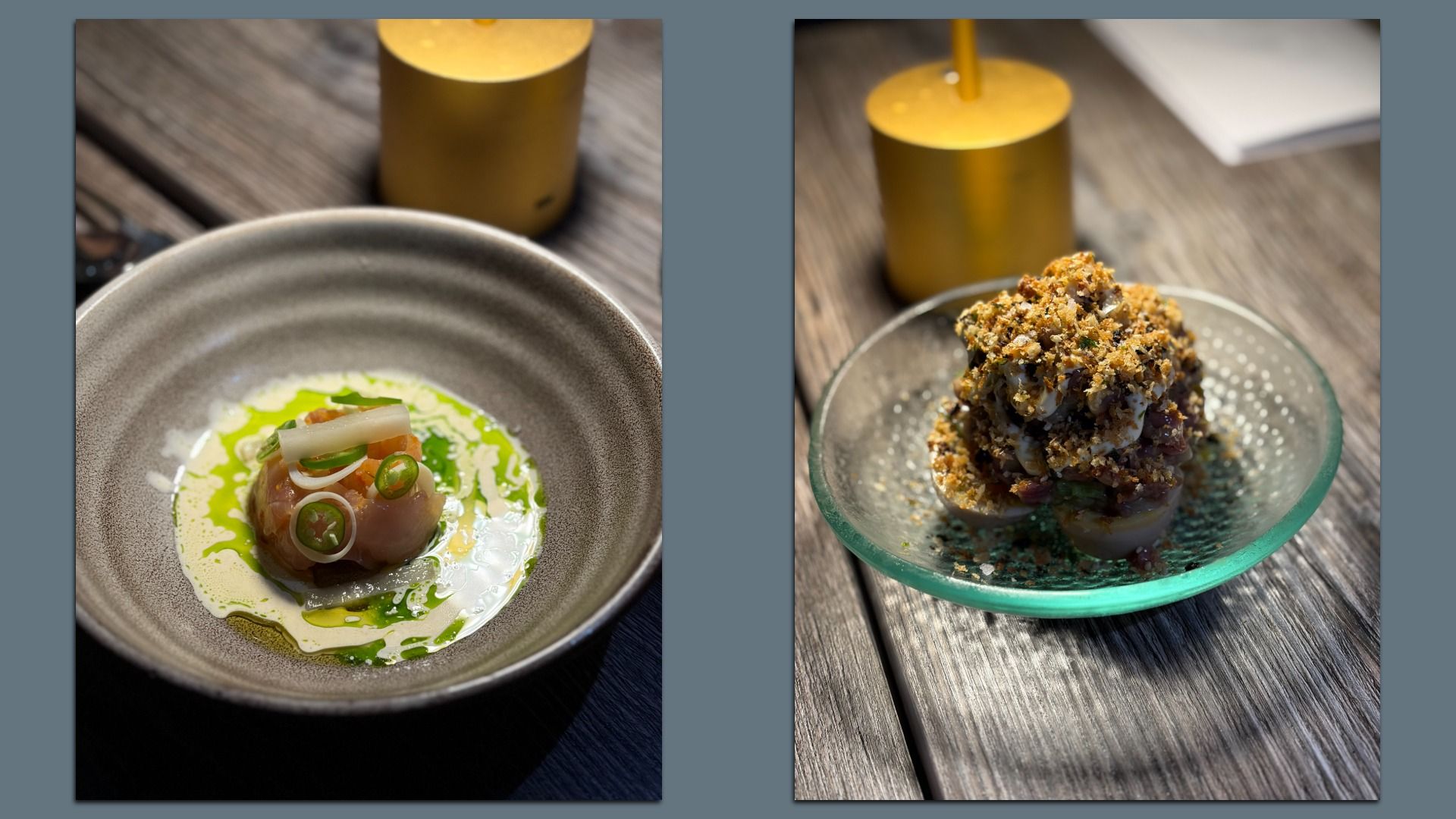 Two gourmet dishes on rustic wooden table with golden cylindrical containers: left is a gray bowl with creamy sauce, herbs, and sliced green chilies; right is a glass plate with a crumbly textured dish.