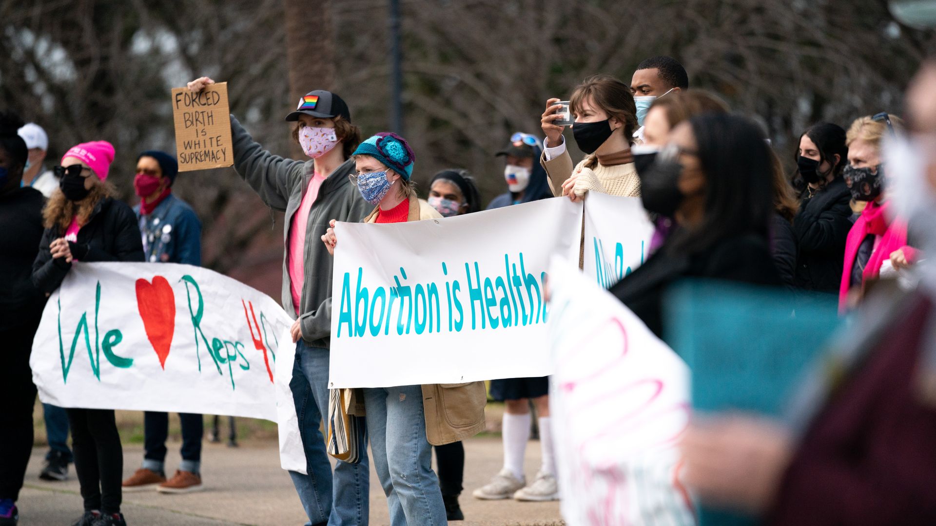 Demonstrators protest during a press conference and protest by Democrats who walked out during a debate on an anti-abortion bill in the House of Representatives.