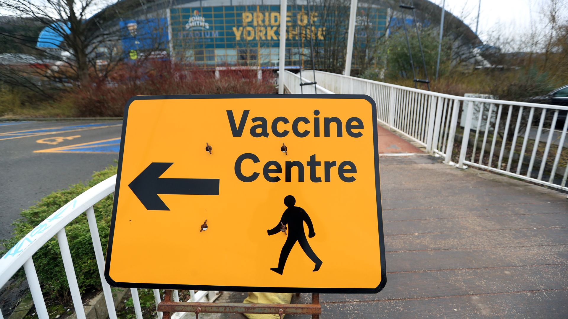 Signage to a Vaccine Centre near the John Smith's Stadium, Huddersfield. Picture date: Saturday February 20, 2021. (Photo by Mike Egerton/PA Images via Getty Images)