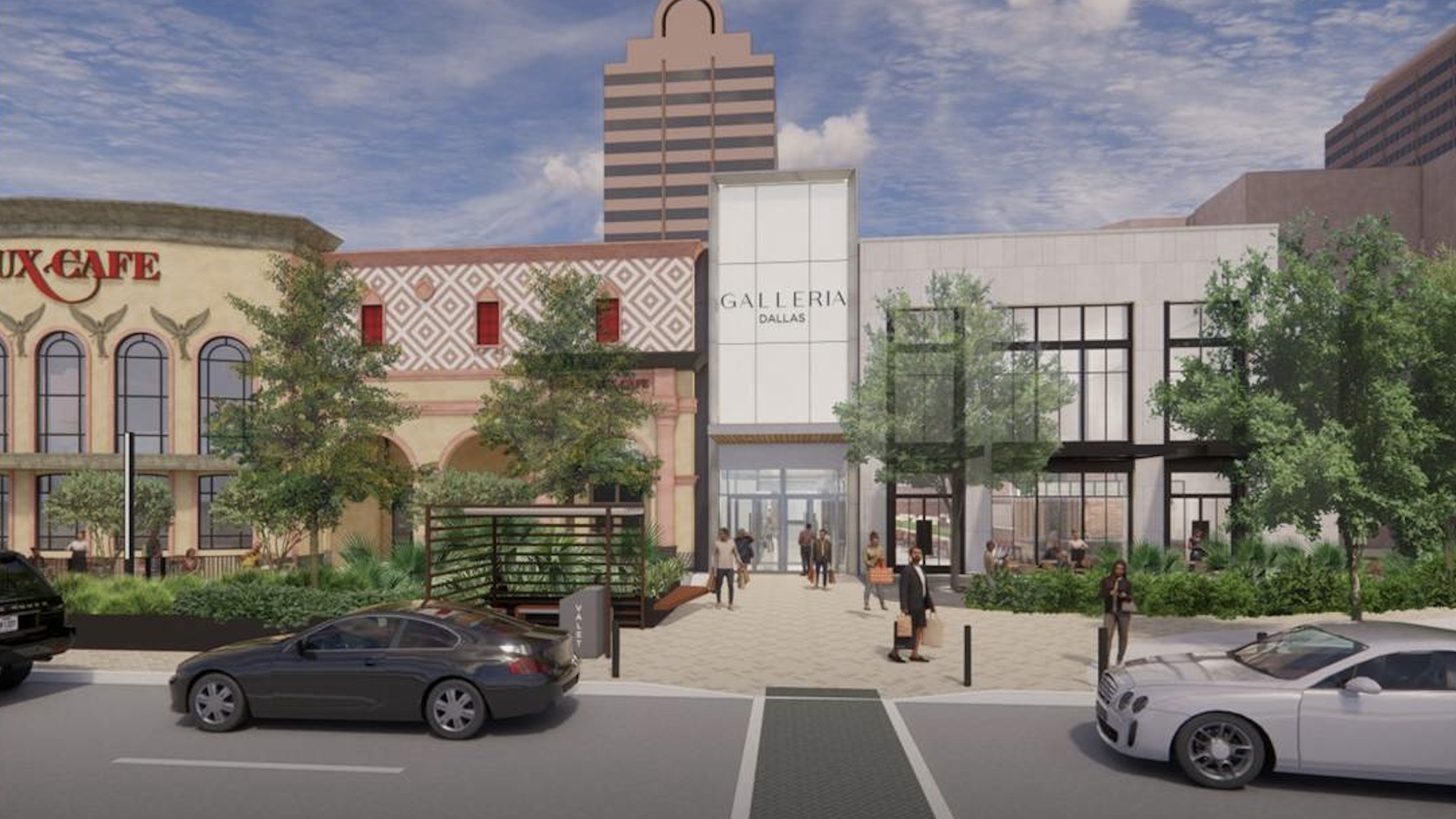 Rendering of a shopping center exterior featuring a white panel entrance with "GALLERIA DALLAS", patterned walls, tall striped tower, trees, pedestrians, and parked cars under a blue sky.