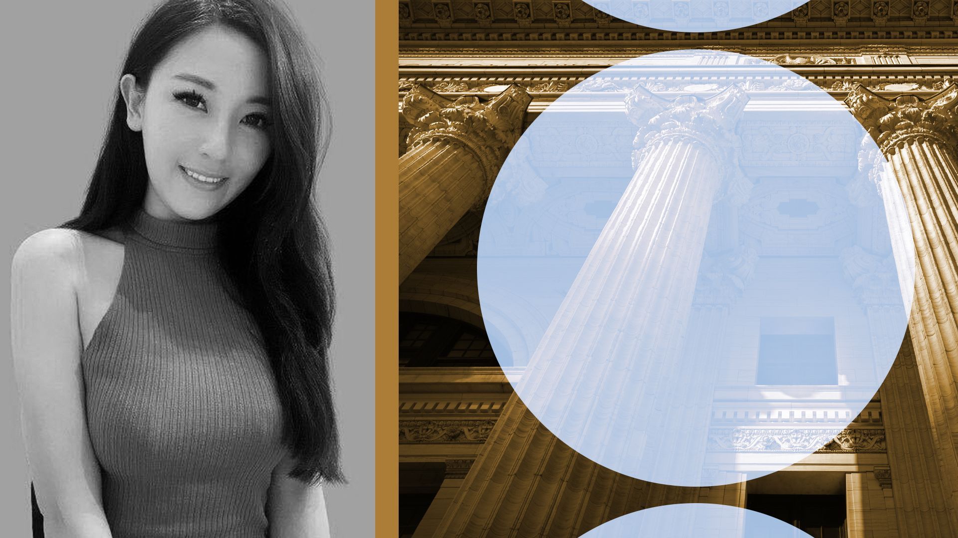 Photo Illustration of Natalie Tien with the New York Federal Building and shapes to her right