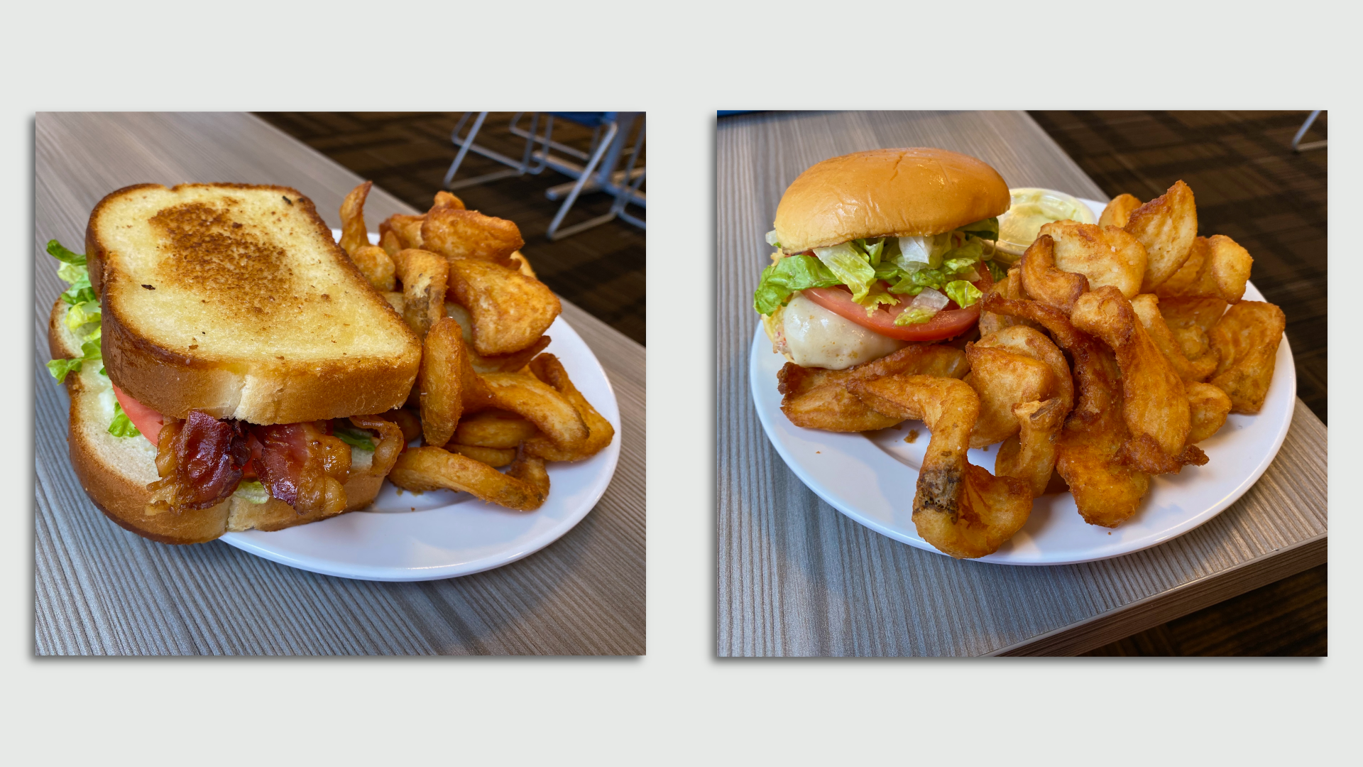 Two photos of sandwiches, a BLT and a chicken sandwich, with thick cut spiral fries